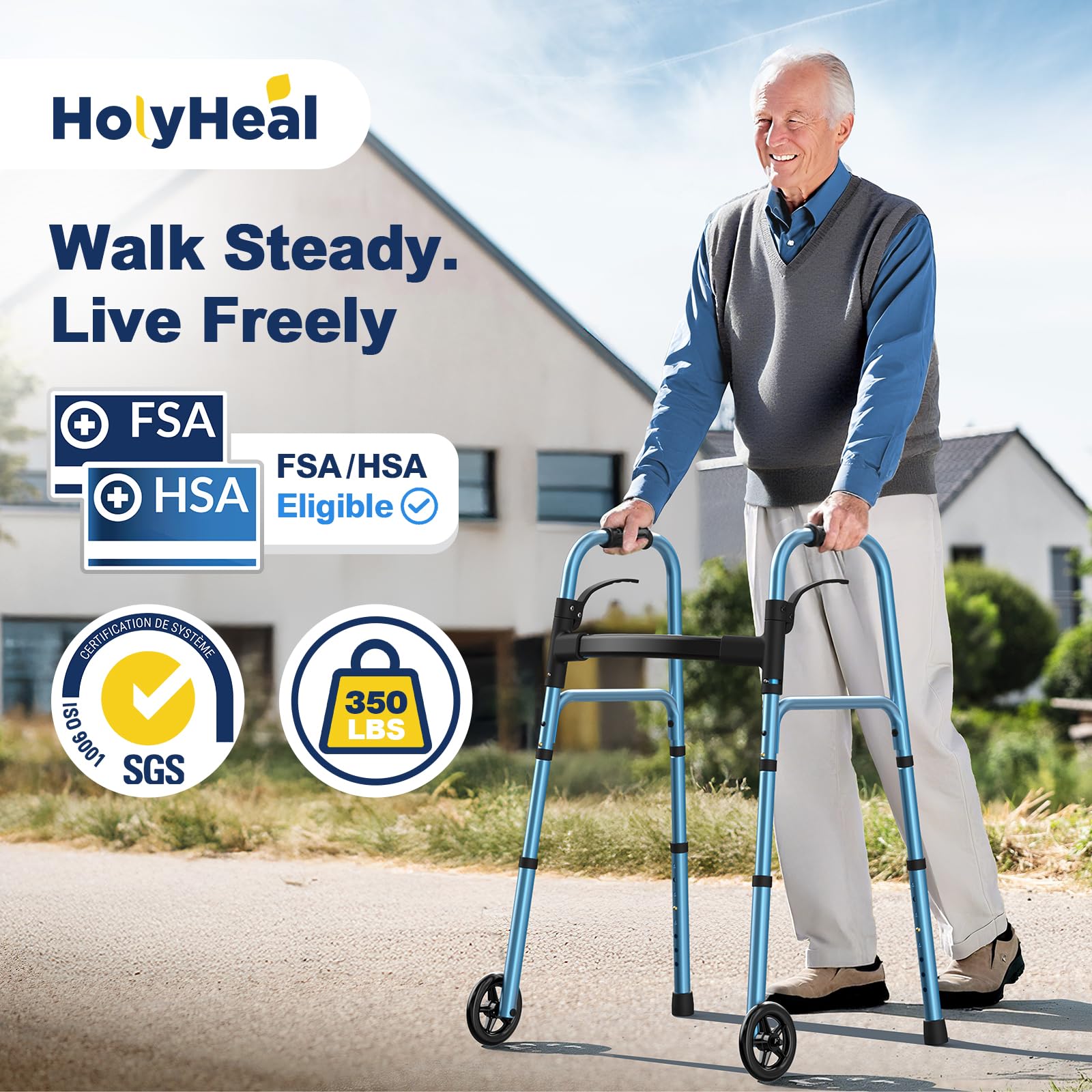 Walkers for Seniors, Folding Walker with Wheels and 2 Skis, Lightweight Rolling Walker Supports Up to 350 Pounds, Adjustable Height, Adult Compact Standard Walkers with Aluminum Frame, Blue