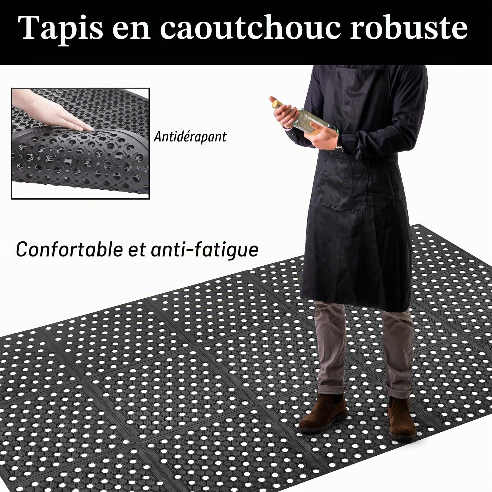 Tapis d'extérieur en caoutchouc 90 x 210 cm, grand tapis anti-fatigue, antidérapant avec trous de drainage, pour cuisine