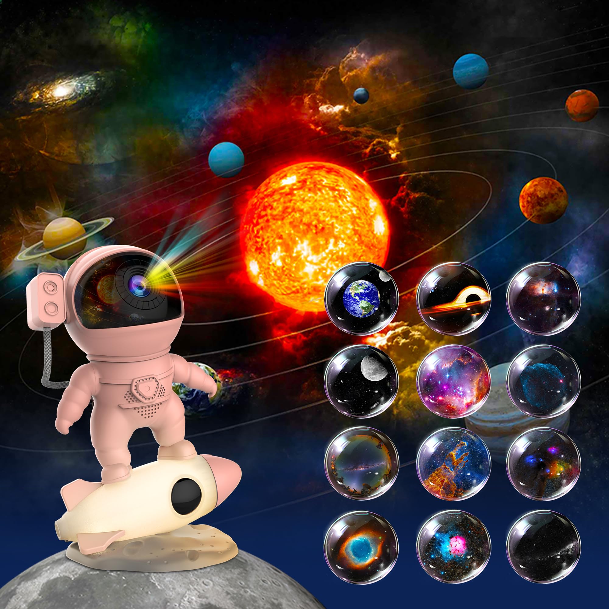Astronaut Galaxy Projector for Bedroom with Rocket Night Light 13 Film Discs, HD Image Star Projector Galaxy Light Adjustable Knob, Planetarium