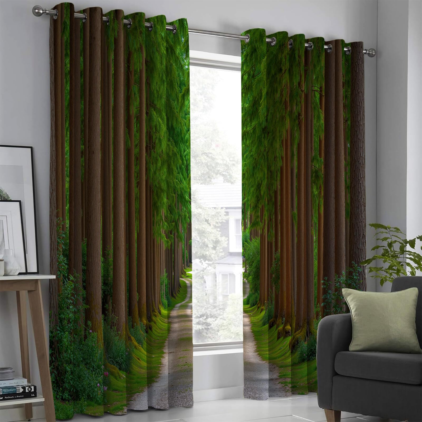 Tenda Oscurante Termica E Isolante Con Occhielli, 2 Pannelli, Sentiero Dei Pini Stile Tranquillo Della Foresta Oscuramento Anti Freddo E Caldo, Per Camera Da Letto E Bambini