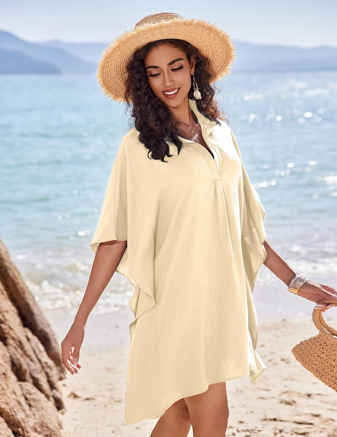 AI'MAGE Womens Swimsuit Beach Cover Up Shirt Summer 3/4 Sleeve Bathing Suit Beach Dress Oversized Bikini Coverups S-3XL - Image 3
