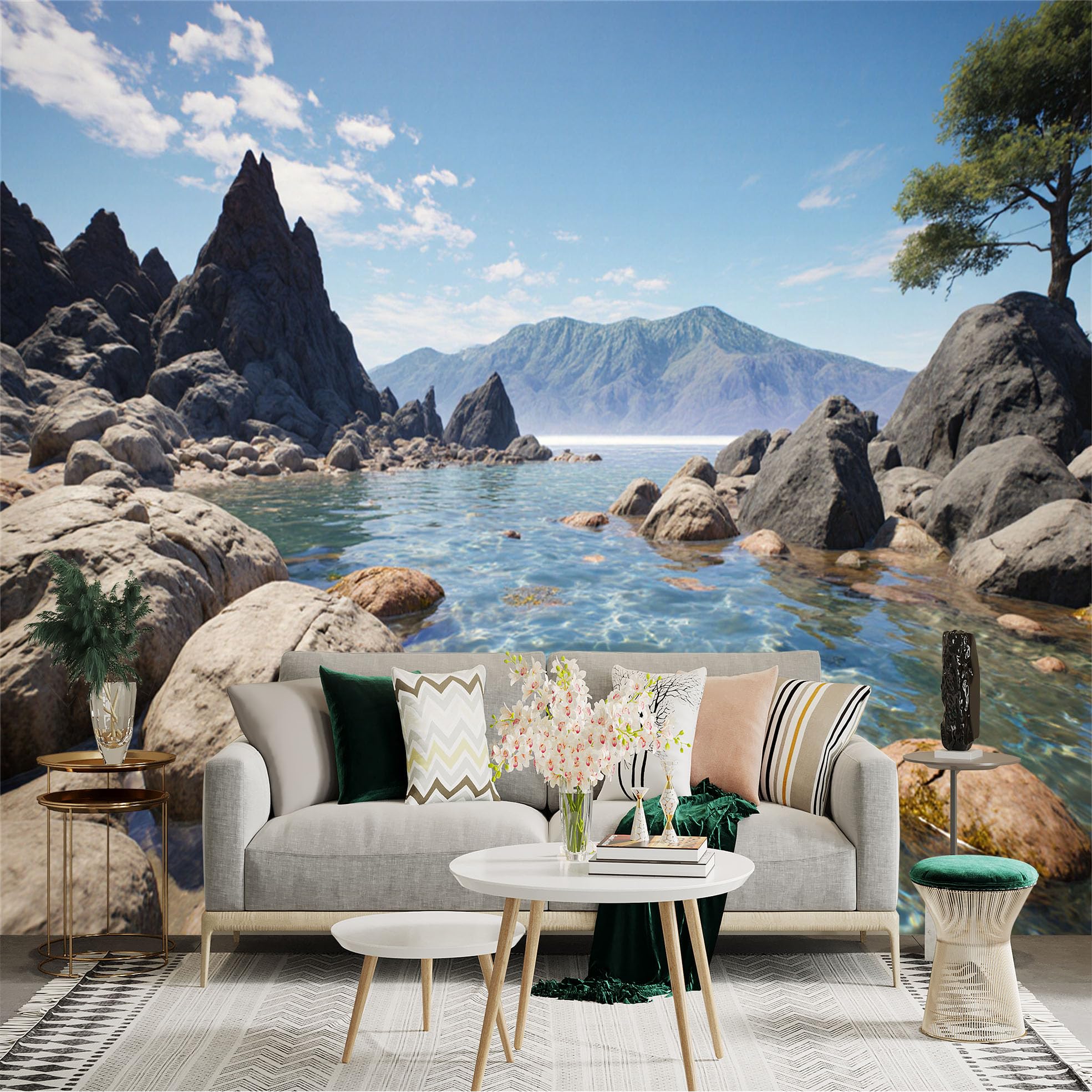 Custom Size Wall Sticker Mural， Rocky Lake Shore with Clear Water， Mountains and Blue Sky Landscape， for wall Decoration， peelandstick wall Decals.