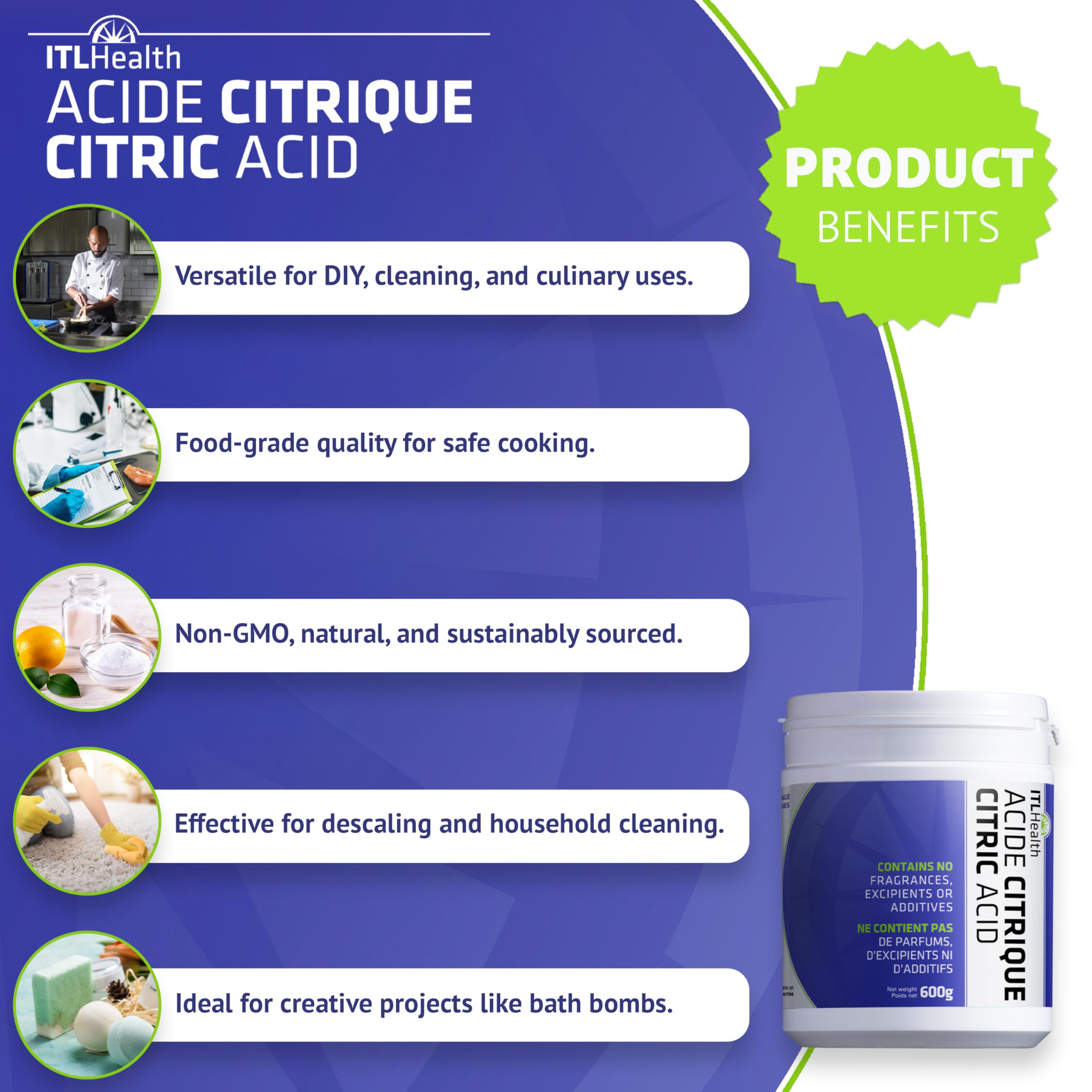 ITL Health Citric Acid Powder 600g - Pure, Food-Grade Quality for DIY Bath Bombs, Descaling & Household Cleaning, Non-GMO, Cleaner, Natural Ingredient for Cooking & a Variety of Home Uses - 3