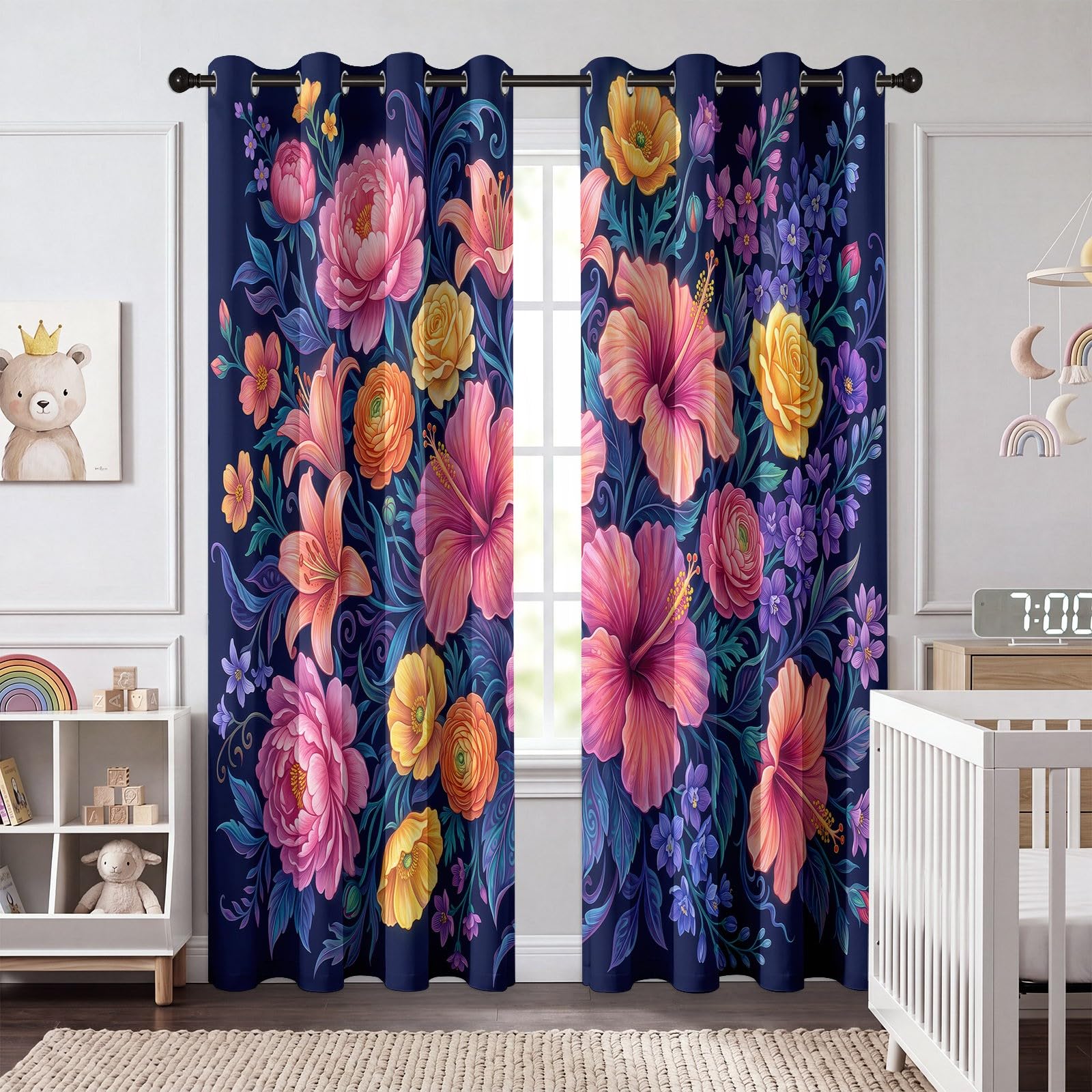 Aquarell Blumen Blickdicht Vorhänge mit ösen, Pflanzen Blumen Blätter Muster Thermo Verdunklungsvorhänge, Dunkelblau Gardinen für Wohnzimmer Schlafzimmer Fenster Deko 2er Set, 200x70 cm (HxB)