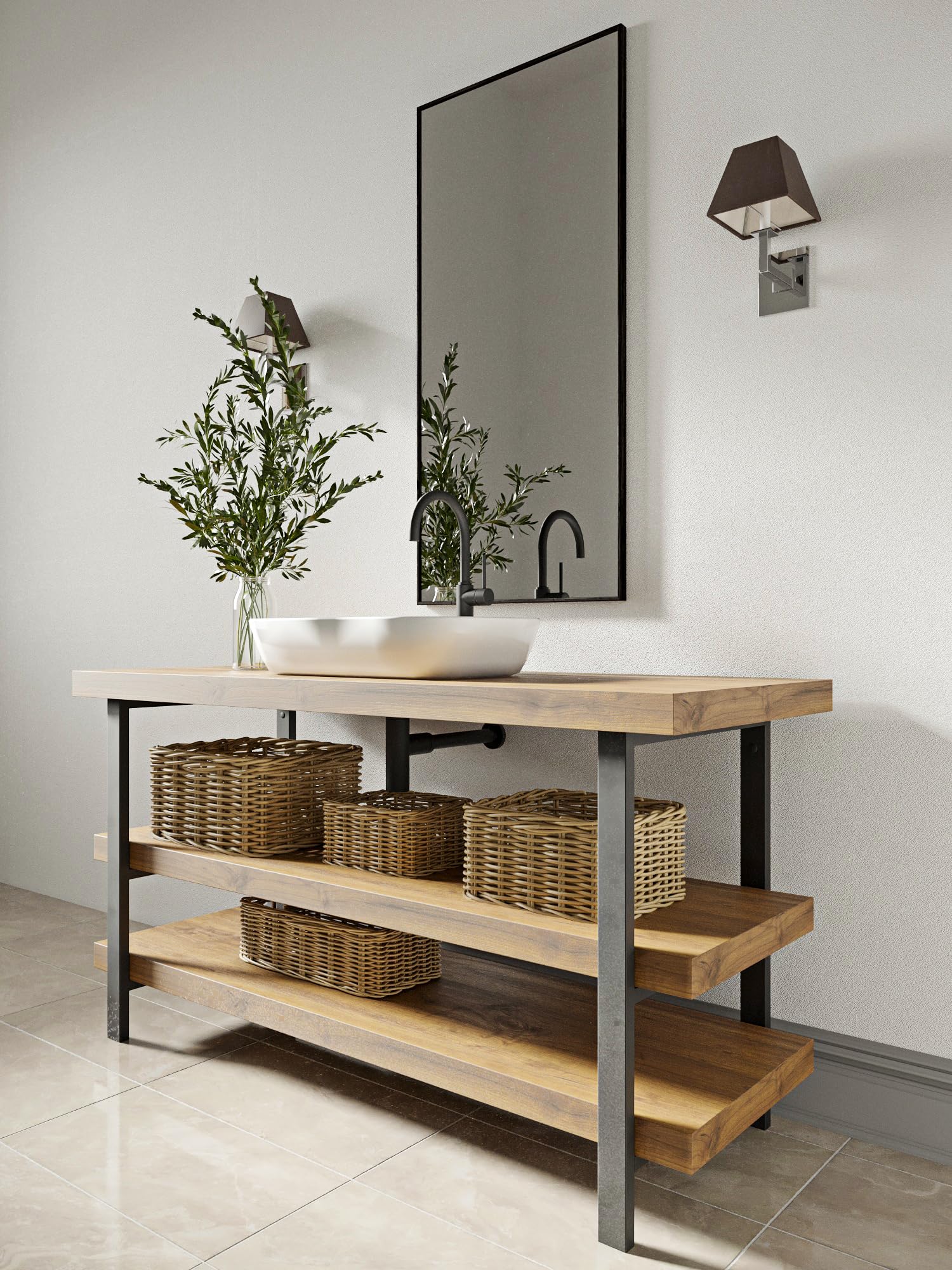 Waschtisch-Gestell 76 cm, Schwarz, Breite 50 cm – handgefertigtes Stahlgestell für Waschtischplatte, freistehend oder wandmontiert, Industrial, 1 Stück