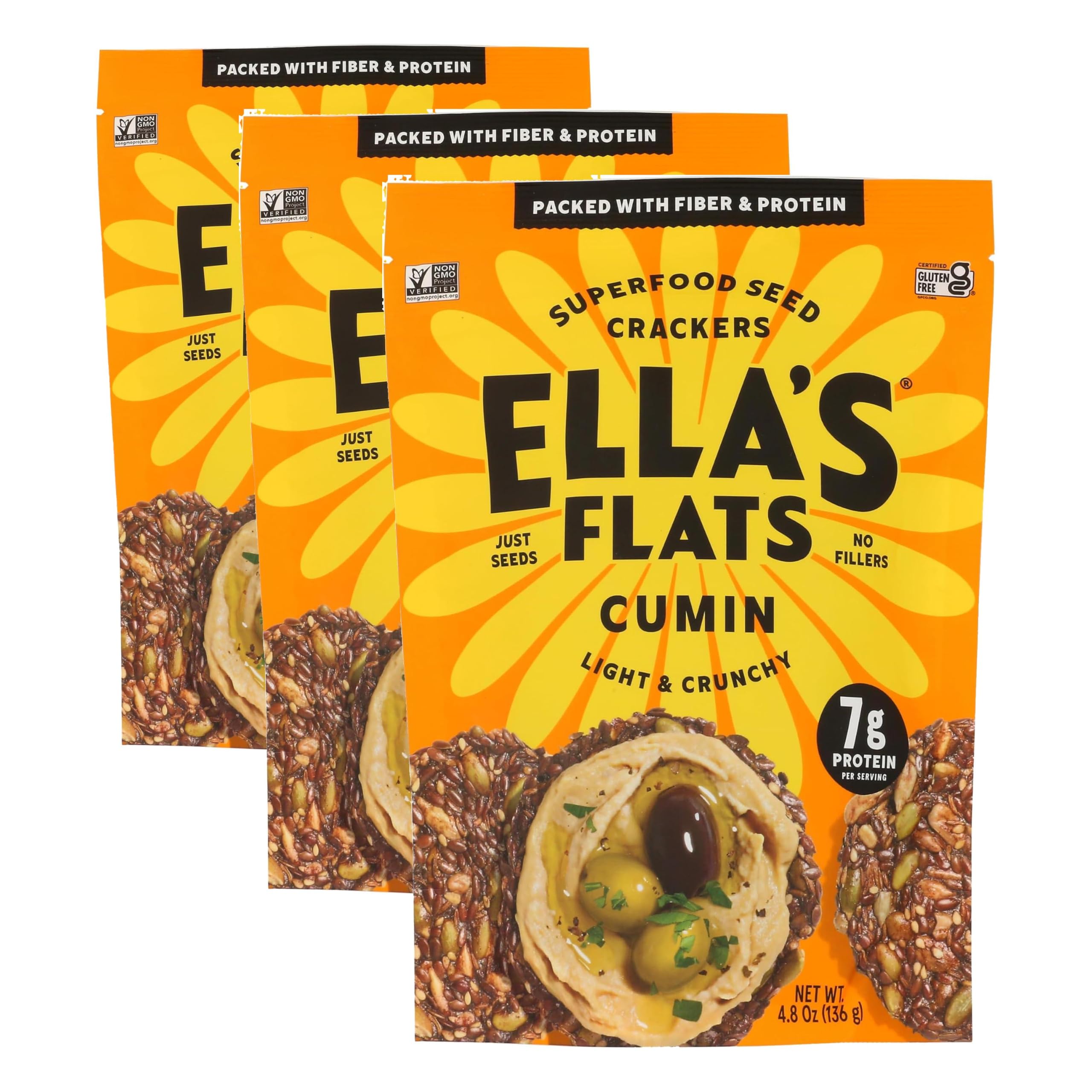 ELLA'S FLATS Biscoitos crocantes de sementes com cominho, 184 g, pacote com 9