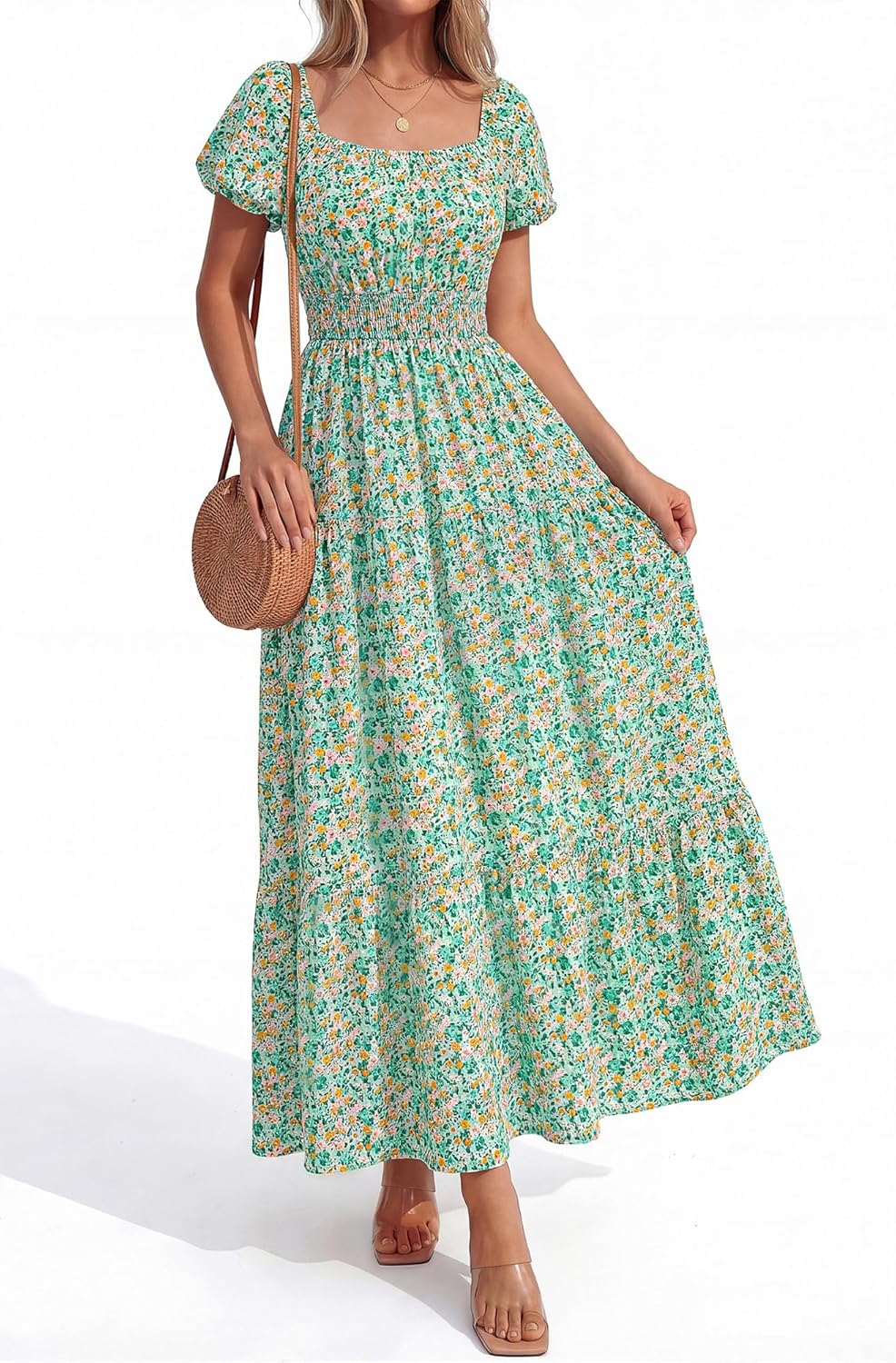 BTFBM Summer Dress for Women 2026 Spring Floral Short Sleeve Square Neck Casual Flowy A-Line Smocked Tiered Maxi Dresses - Image 2