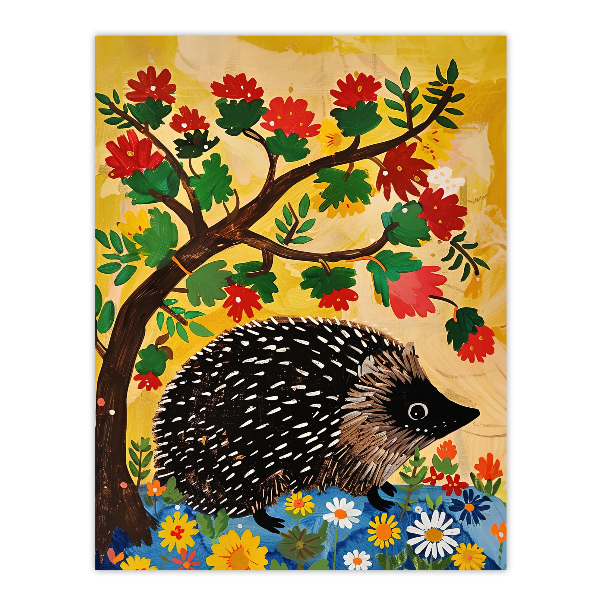 Charming Hedgehog Under Tree Flowers Folk Art Wall Art Poster Print