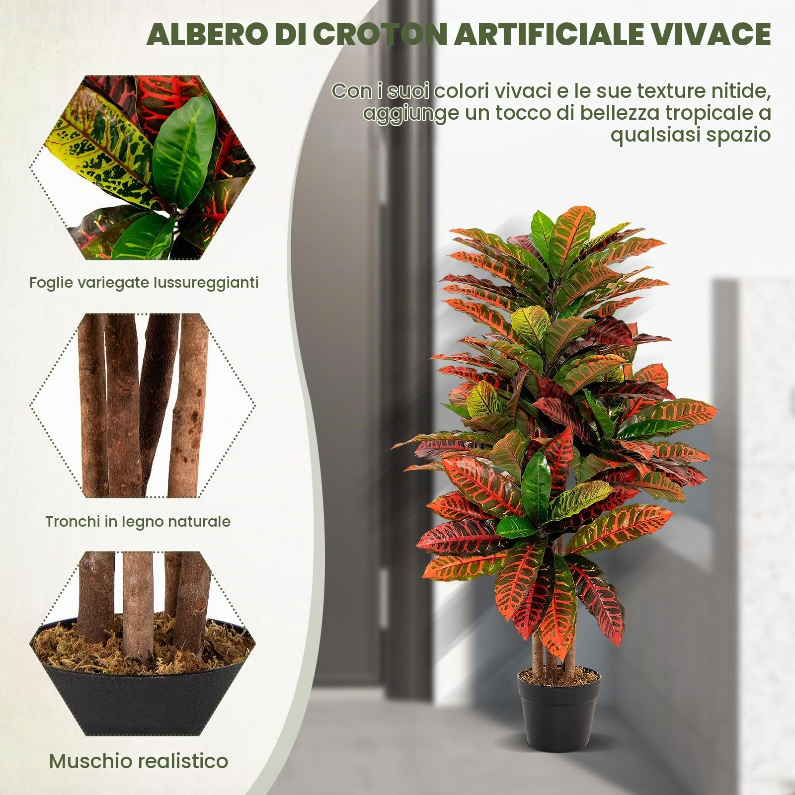 RELAX4LIFE Piante Finte da Interno 100 cm, Albero di Croton Artificiale, Pianta Finta Realistica con Tronco Naturale in Legno, Decorazione Domestica
