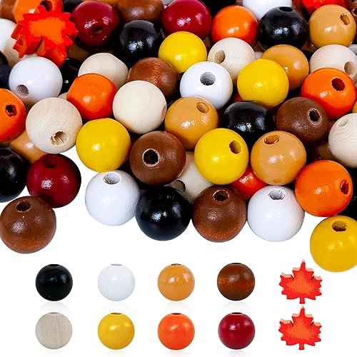 250 cuentas de madera grandes de 0.631 pulgadas (0.630 in), cuentas de madera de hojas de arce, cuentas de madera redondas de colores pulidas disponible en Yaxa Peru