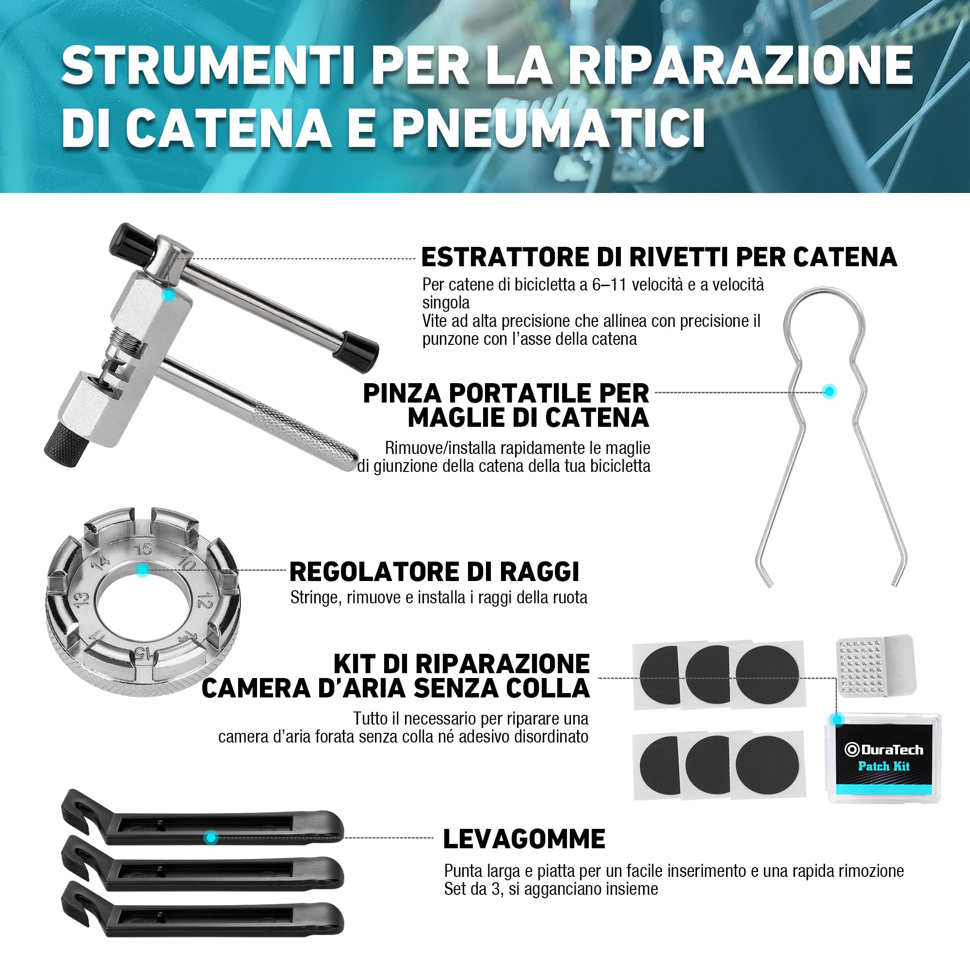 DuraTech Kit Riparazione Biciclette 31 Pezzi con Custodia, Set Attrezzi Completo per Catene, Pneumatici e Manutenzione Bicicletta Domestica