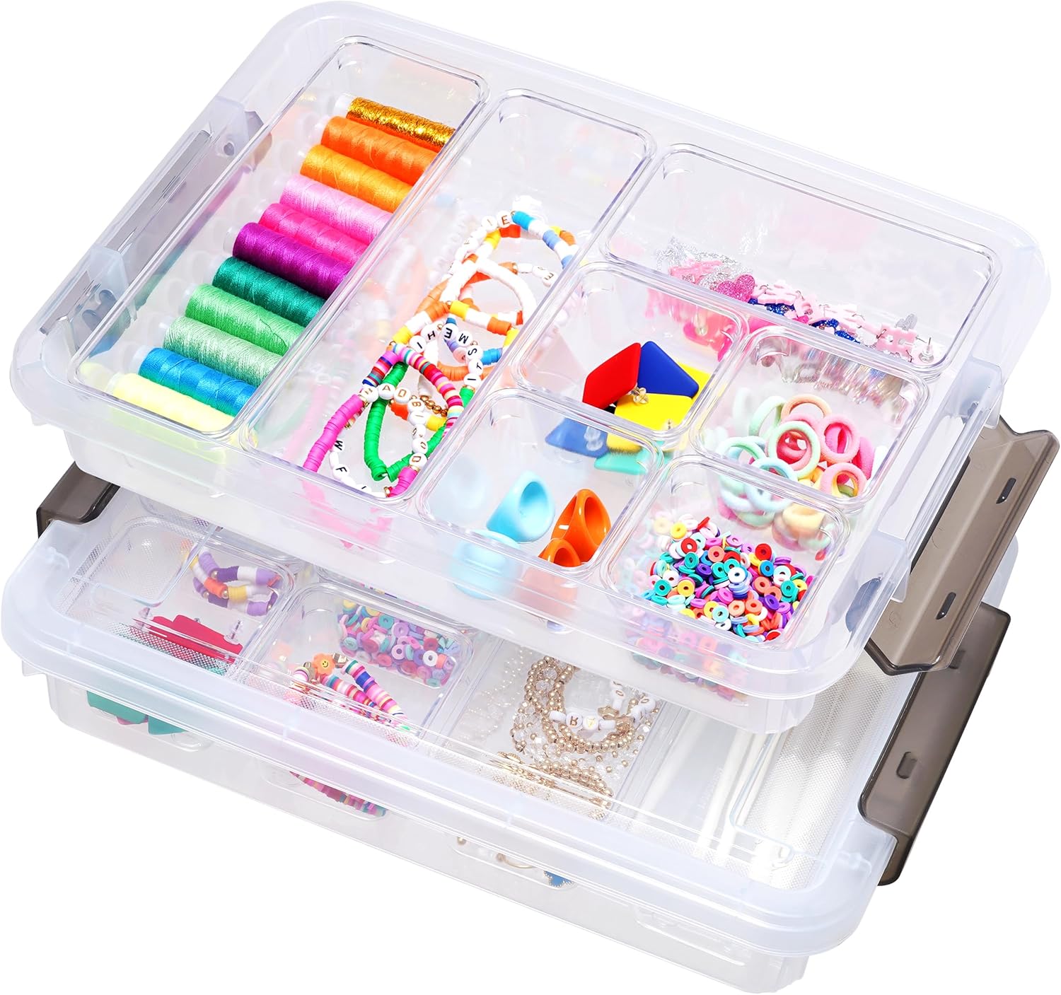 Citylife 2 PCS Plastic Storage Box with Removable Tray Portable Craft Storage Box with Snap Clip Stackable Plastic Compartment Organizer Box for Jewelry Widgets, Bead Organizer, Art Supply Organizer 2 Set-16 Pieces