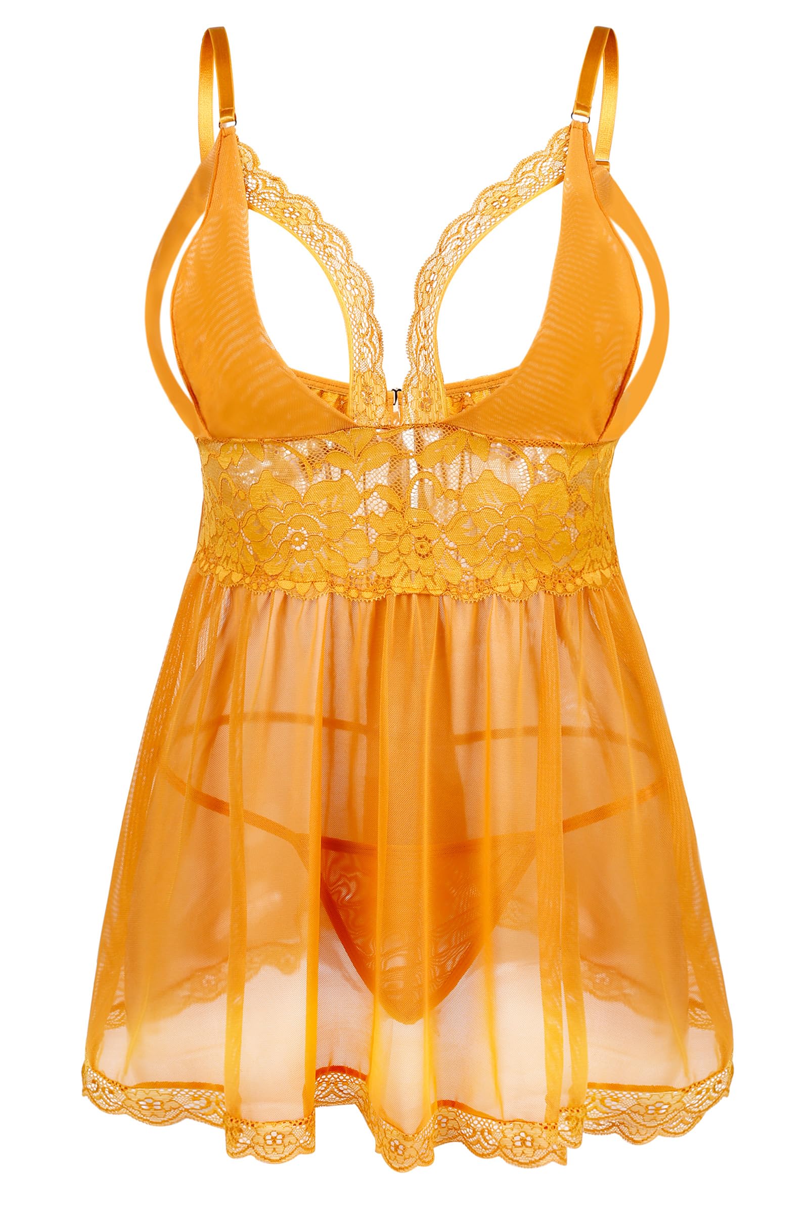 Donnalla Plus Size Babydoll Lingerie Set for Women Sexy Mesh Lace Nightwear Adjustable Straps V Neck Chemise with Panty