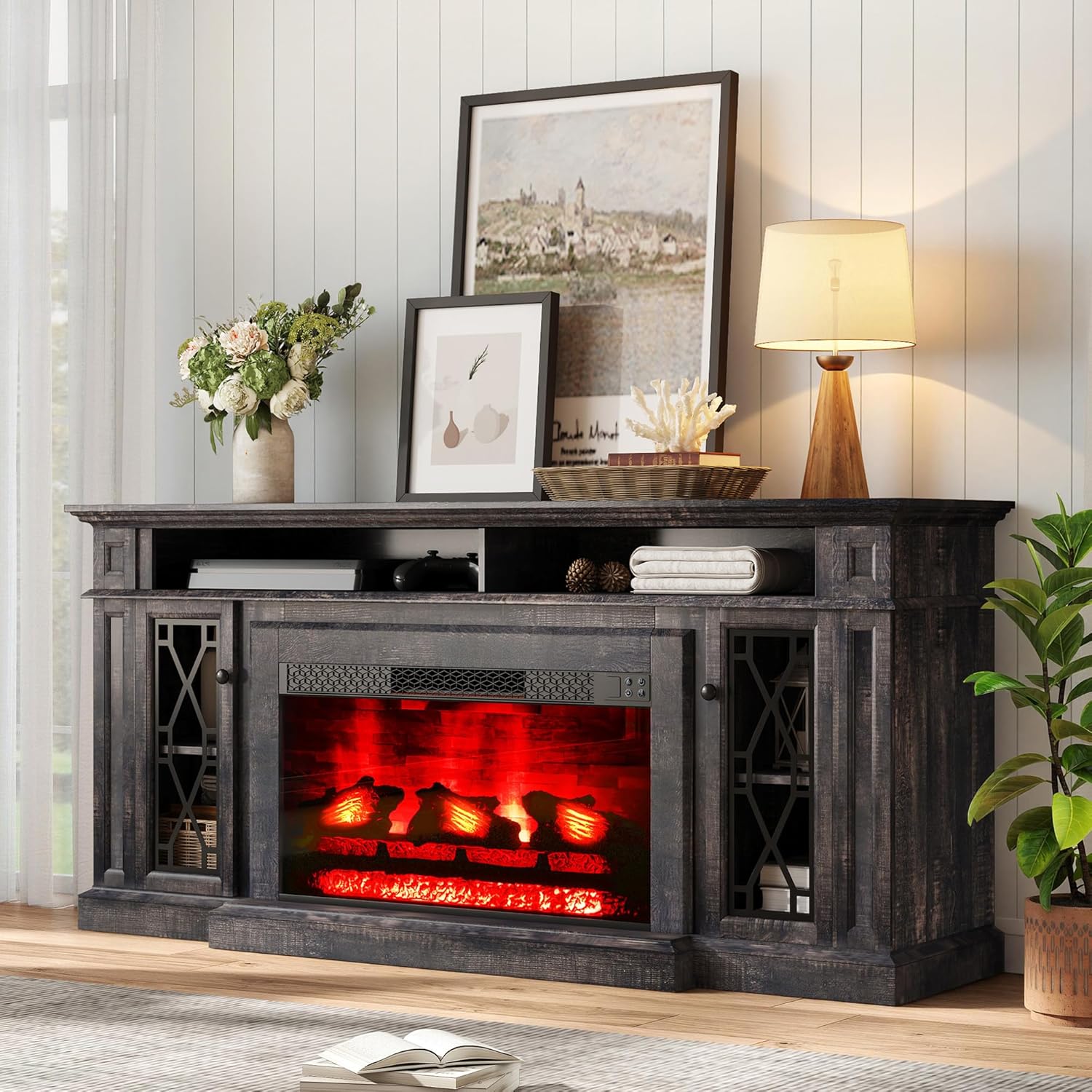 AMERLIFE 70" Farmhouse Fireplace TV Stand with 33" Electric Fireplace, TV Console Storage Cabinet with Open Cubby for 80" TVs up, Media Entertainment Center for Living Room, Dark Rustic Oak