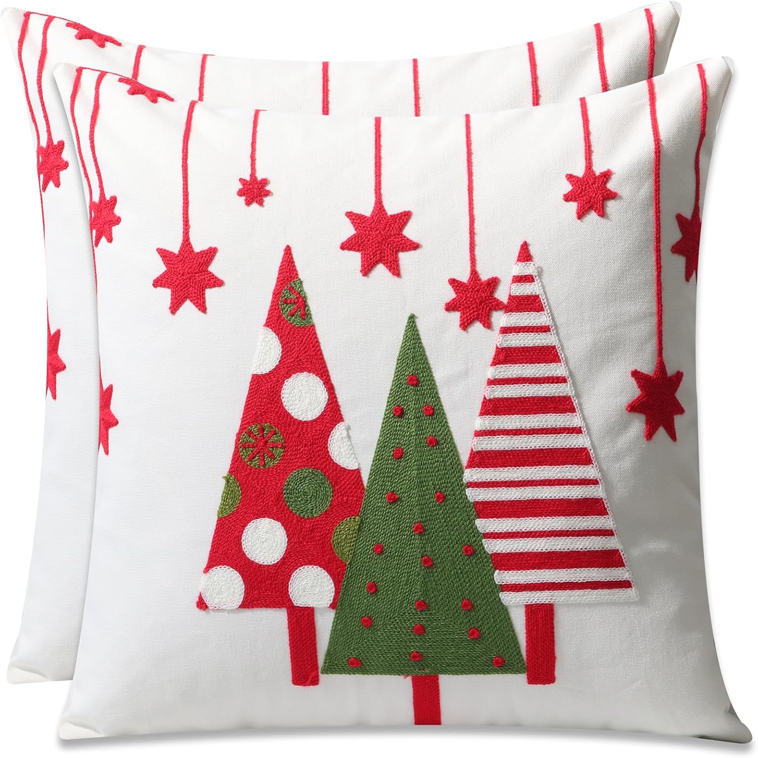 Set of 2 Christmas Throw Pillow Covers Embroidery Farmhouse Decorations Holiday Decor Throw Cushion Case for Winter Home Couch (Cute Christmas Tree)