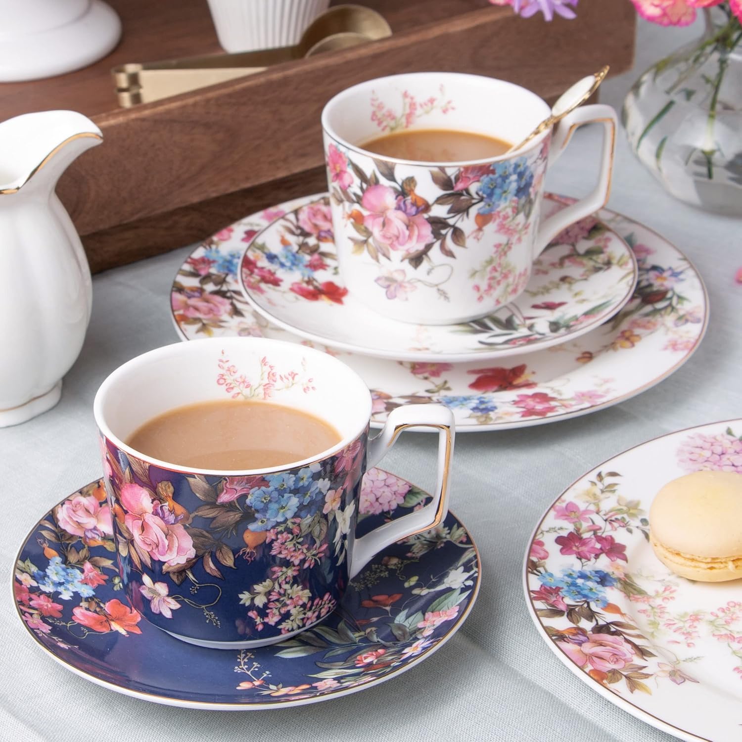 Gracie China Hydrangea Porcelain Tea/coffee Cups with Saucers, Set of 4 (Blue and Pink)
