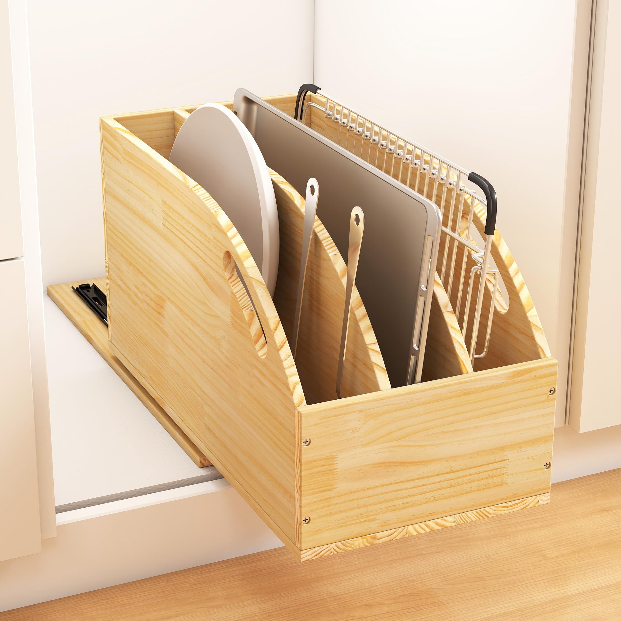 Organizador de gabinete extraíble, organizador de gabinete de cocina de madera con separadores verticales de bandeja, para almacenar sartenes, bandejas de hornear, tapas, tablas de cortar 4