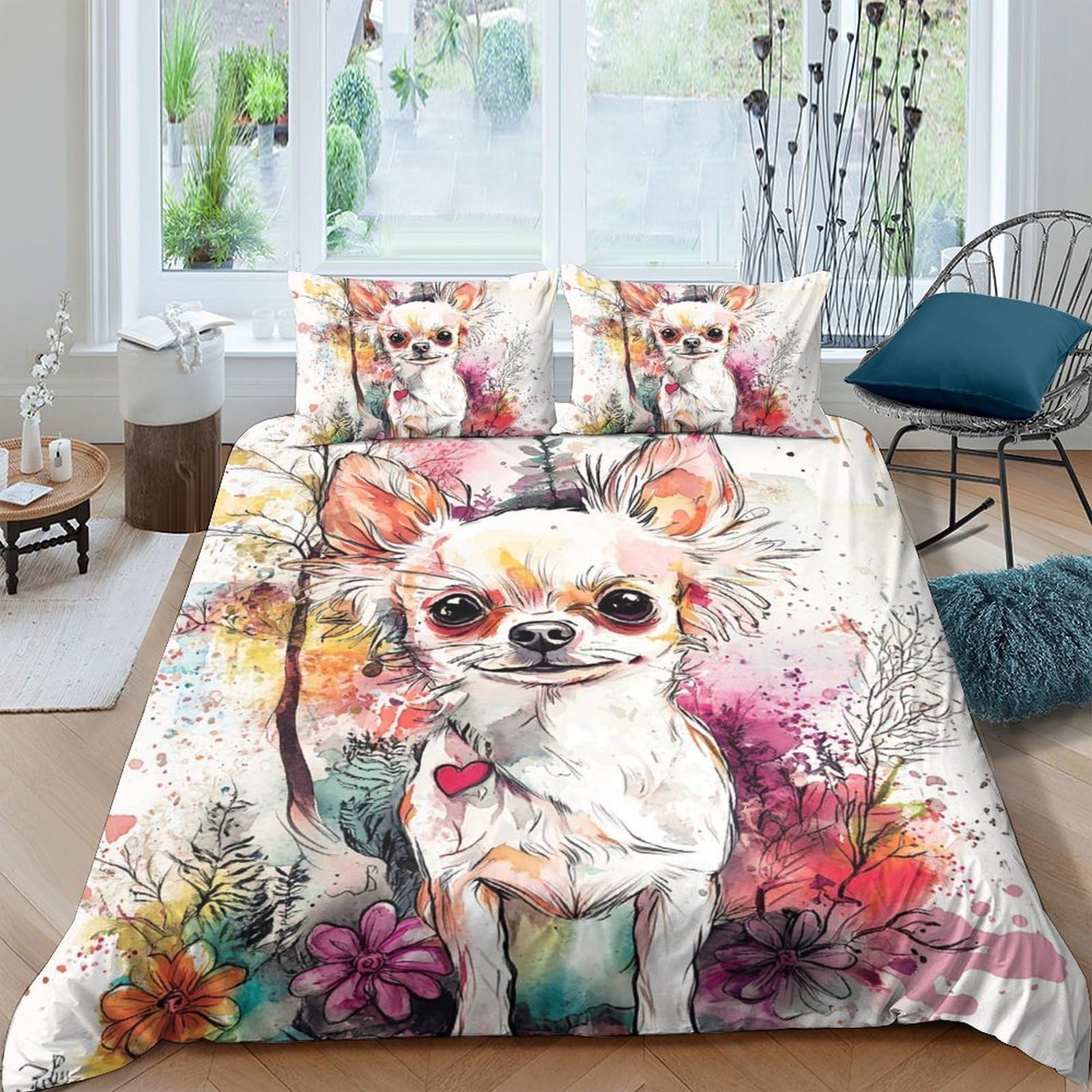 Ctjqhvkz Style-4 3D Printed Chihuahua Art Fitted Sheet Microfiber Colourful Floral Bed Cover For Bedroom Guest Room Decor Single（135X200cm）