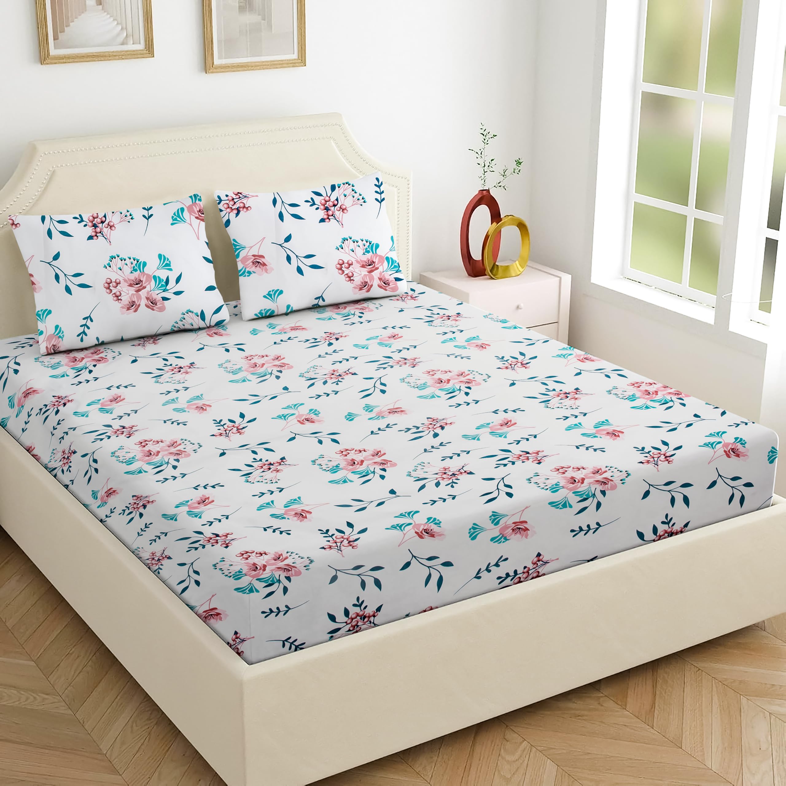 Cotton Feel Glace Cotton Elastic Fitted Printed Queen Size Double Bed Bedsheet with 2 Pillow Cover(60"x78", White Cheery Blossom), 300-350 threadcount-image-10