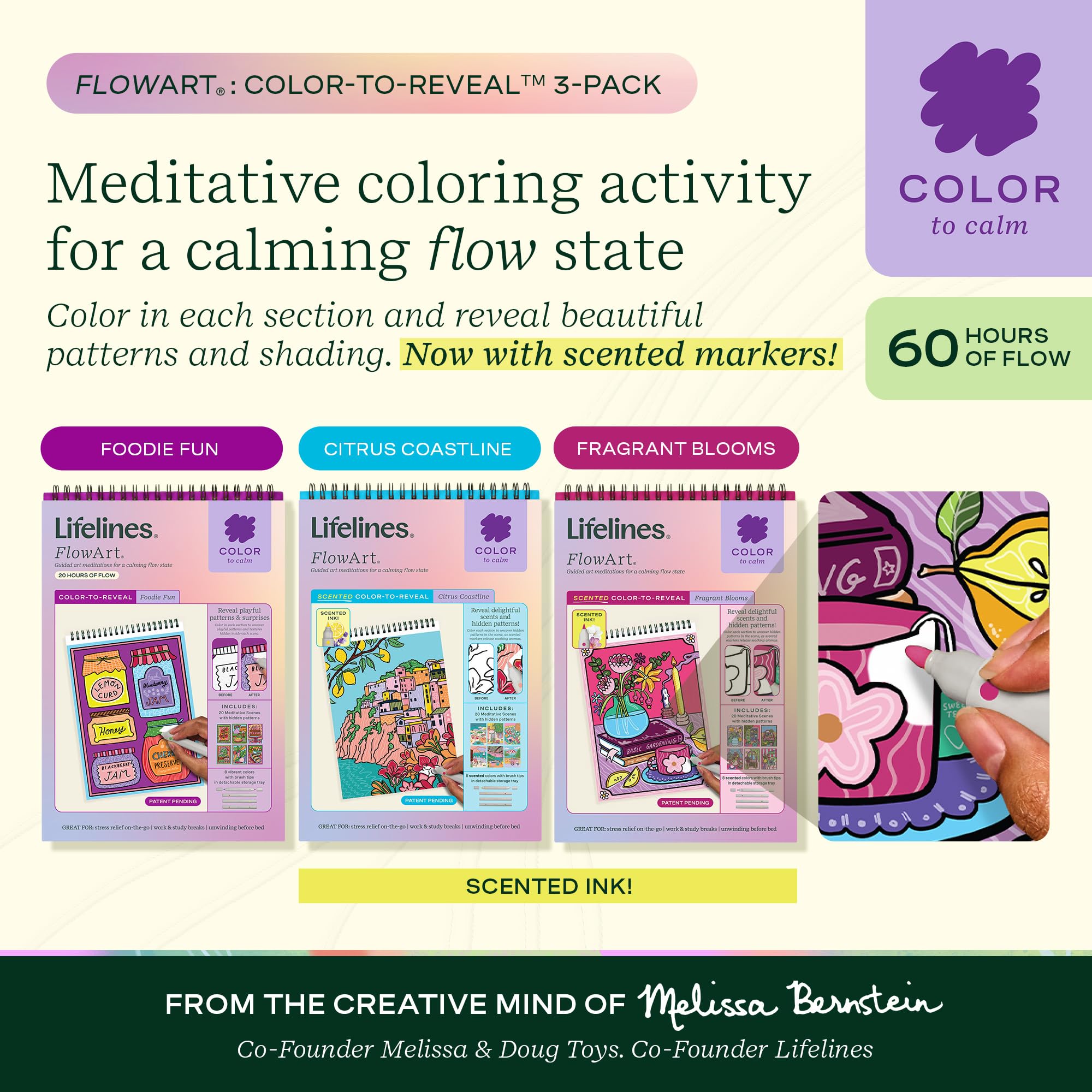 Lifelines FlowArt - Blocco per attività artistiche, 3 pezzi, libri da colorare per meditazione artistica guidata | 12 pennarelli bifacciali, 60 scene – meditazioni guidate a puntini per adolescenti, adulti e anziani – in attesa di brevetto