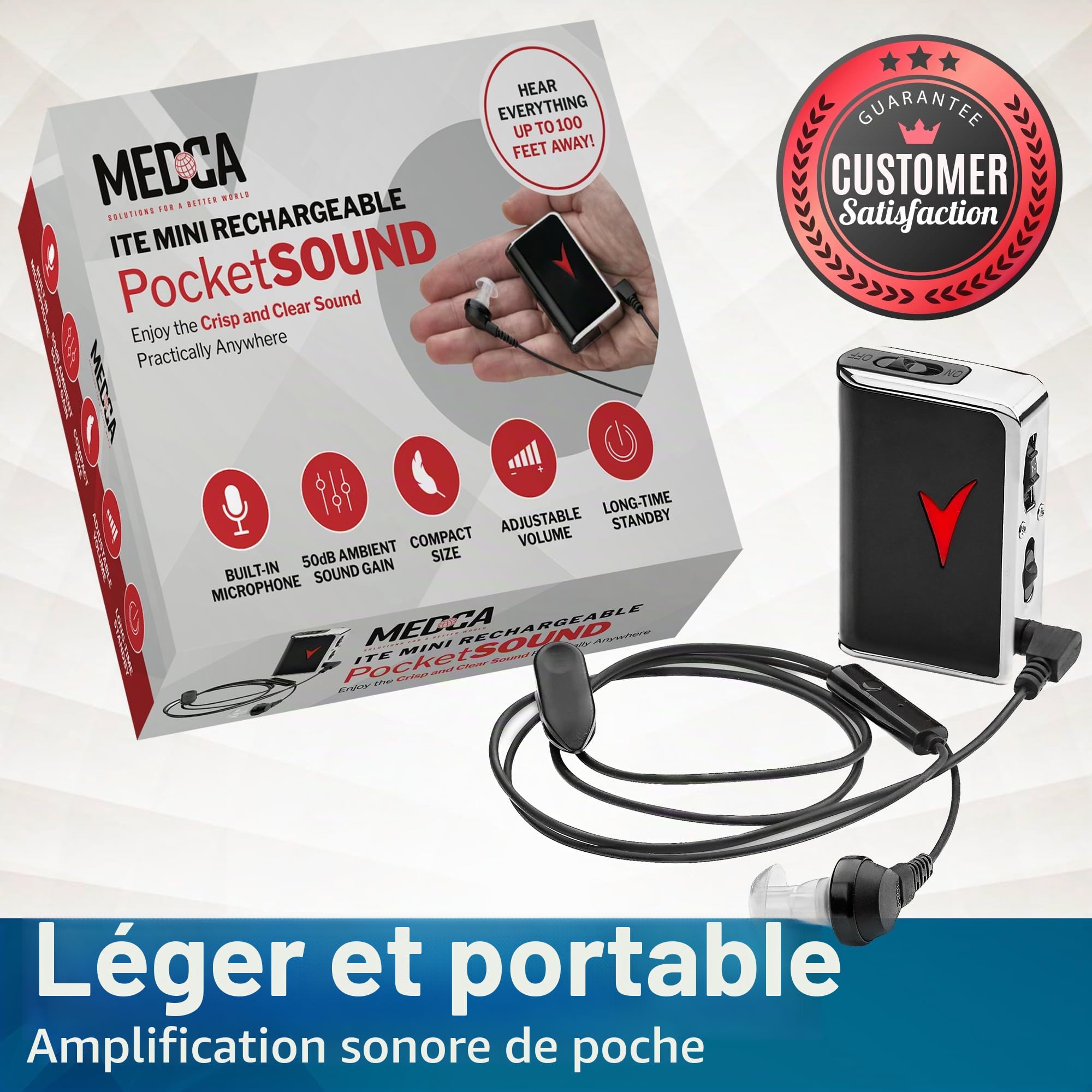MEDca Amplificateur sonore personnel - Dispositif d'amplification de l'audition et dispositif d'amélioration de la voix pour un gain sonore de 50dB, jusqu'à 100 pieds de distance