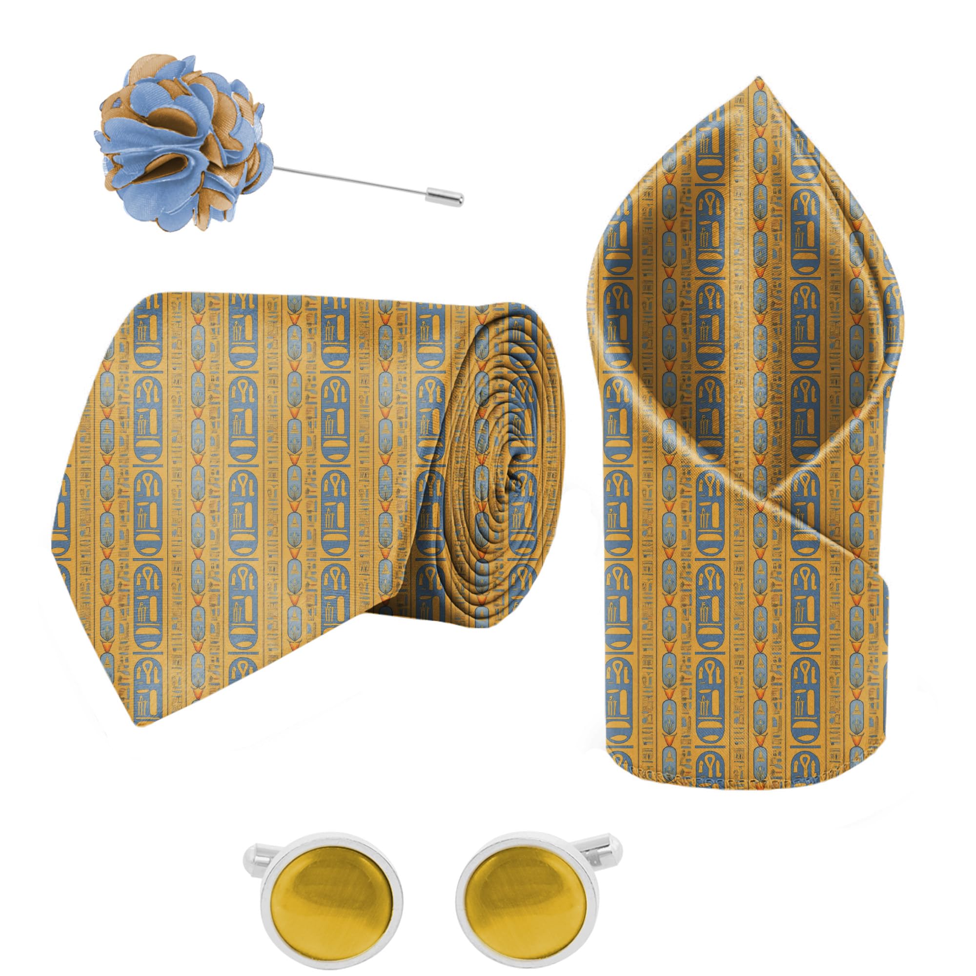 Egyptian Enigma Printed Tie and Pocket Square Set with Cufflink and Matching Flower Lapel Pin-image-32