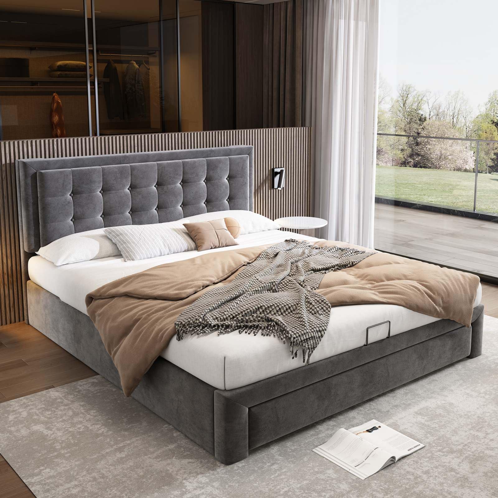 Lit gigogne 90/180 x 200cm avec tête de lit rembourré, canapé-lit - Velours - Style minimaliste - Rose (Sans matelas) | Leroy Merlin