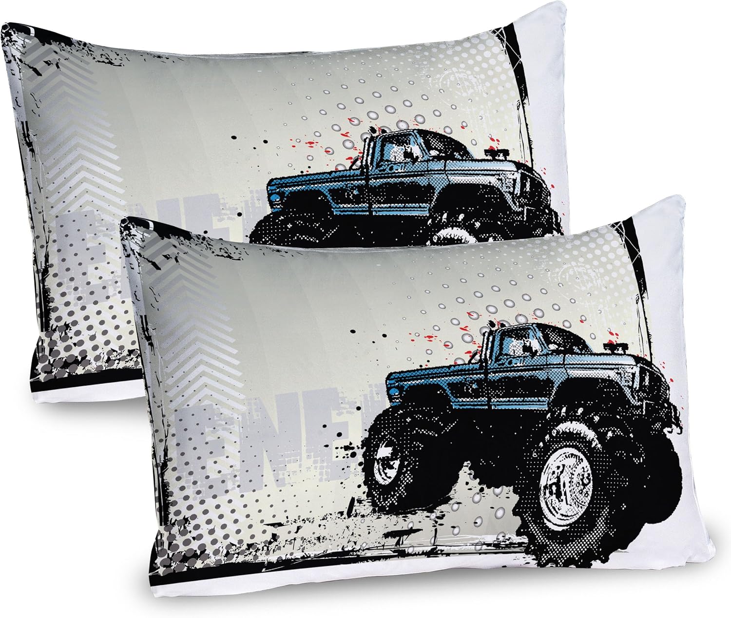 Ambesonne Truck Pillow Sham Set of 2, Halftone Pattern Background Color Splashed Frame and Monster Vehicle Motif, Quality Microfiber Bedding Item for All Seasons, 36" x 20", Ivory Black