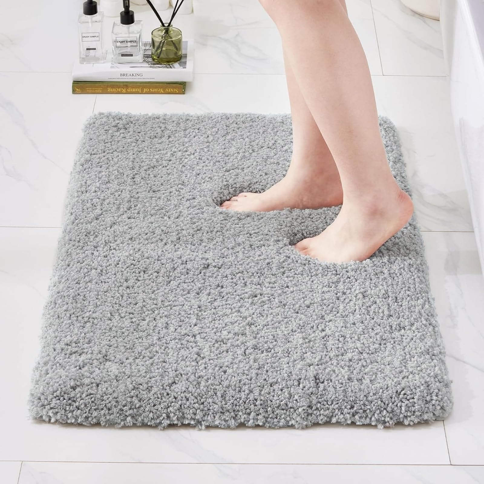 Luxuriöser Badezimmerteppich, grau, 50,8 x 81,3 cm, ultradick, flauschig, Mikrofaser, Badematte, rutschfest, saugfähig, waschbar, Trockenmatten für Badezimmer, Flool, Badteppich für