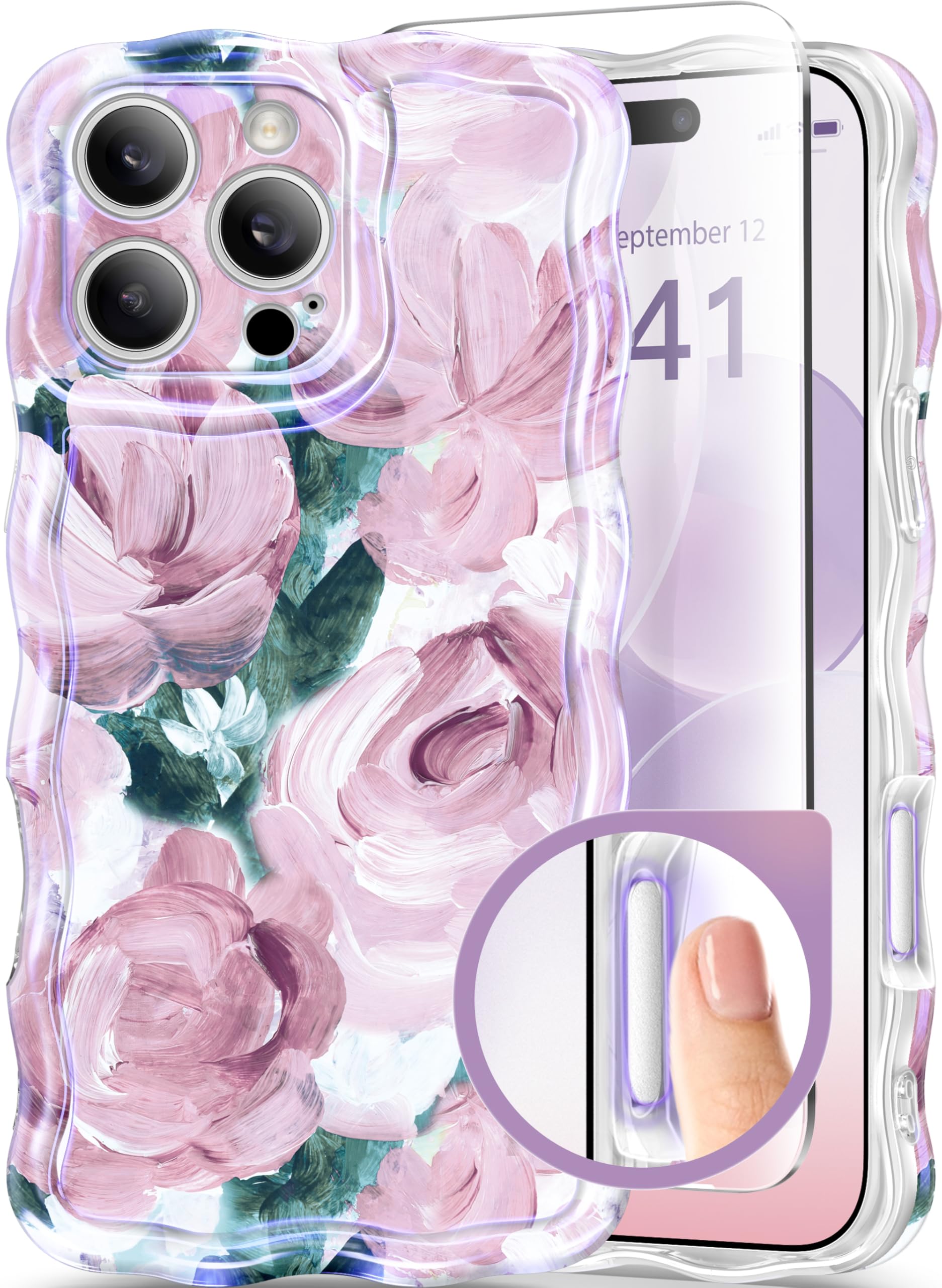 GVIEWIN for iPhone 16 Pro Max Case with Camera Control Capture Button, [Compatible with Magsafe][Screen & Full Camera Protection] Colorful Oil Painted Flower Wave Edge Phone Case (Crimson Rose/Red)