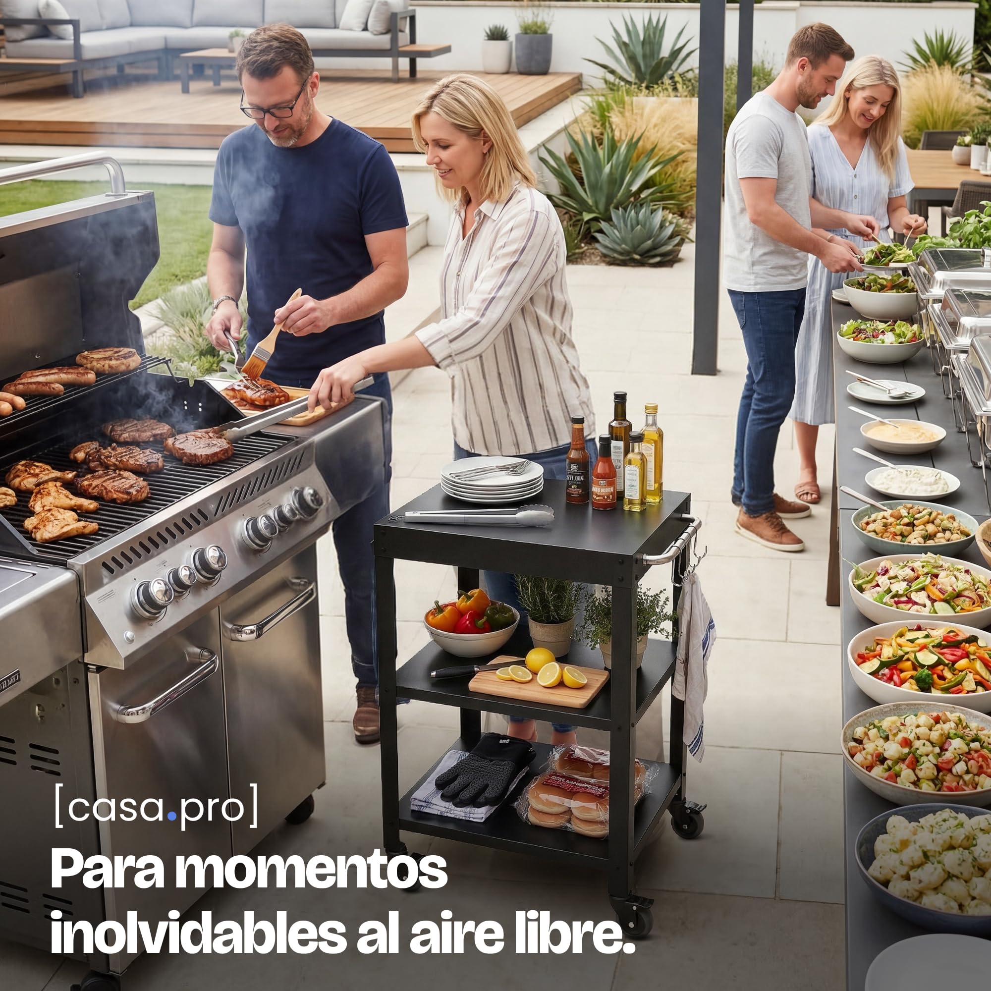 casa.pro Carro de Servicio Bolognano para Jardín Carrito Auxiliar con Ruedas de Exterior Carro de Barbacoa de 3 Niveles Patio Piscina Terraza Metal 81 x 50 x 50 cm - Negro