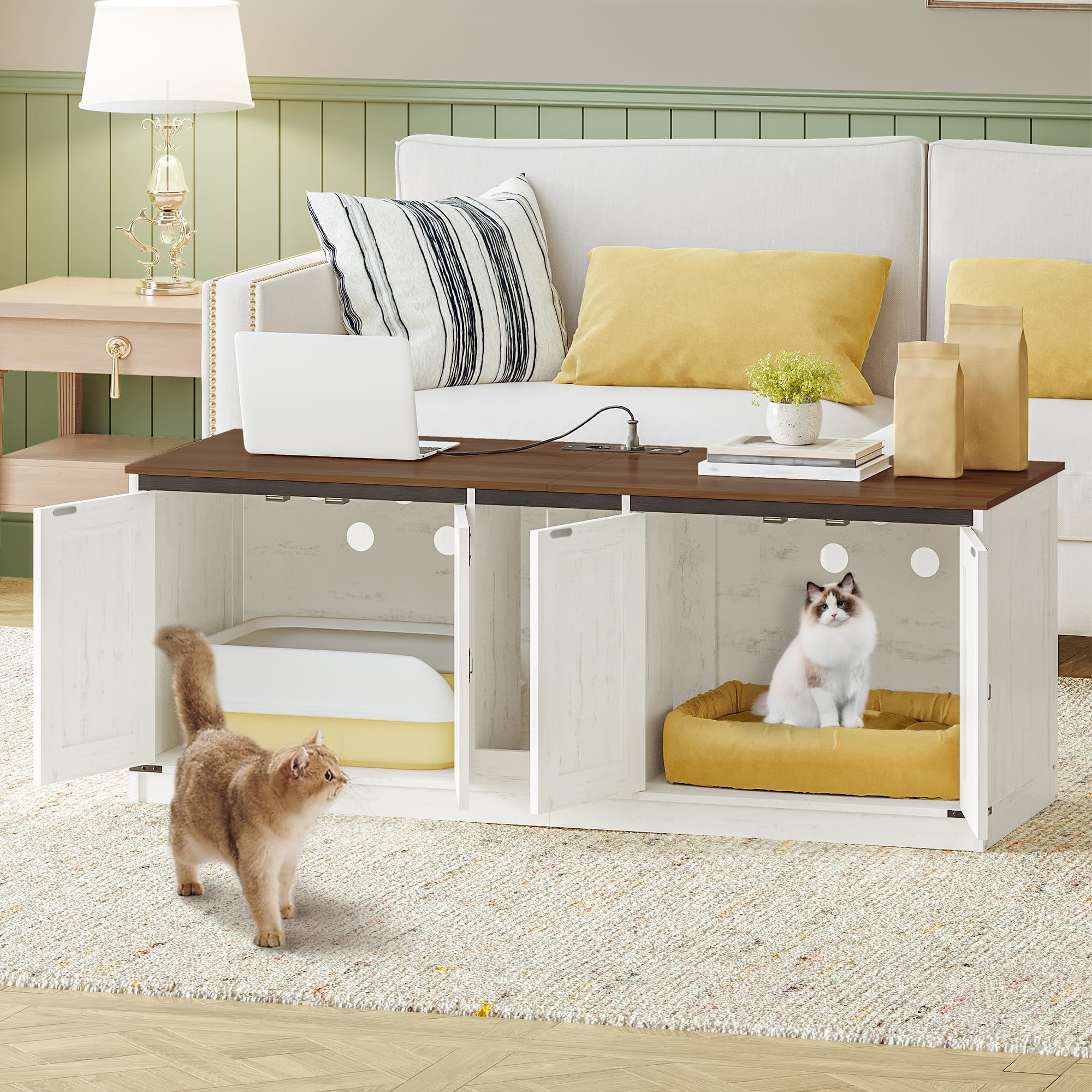 Cat Litter Box Enclosure for 2 Cats, Hidden Litter Box Furniture Cabinet with Double Room, Indoor Cats House with USB Ports & Power Outlets, Farmhouse Style, Rustic Brown and White CB82514XV1 - image 8