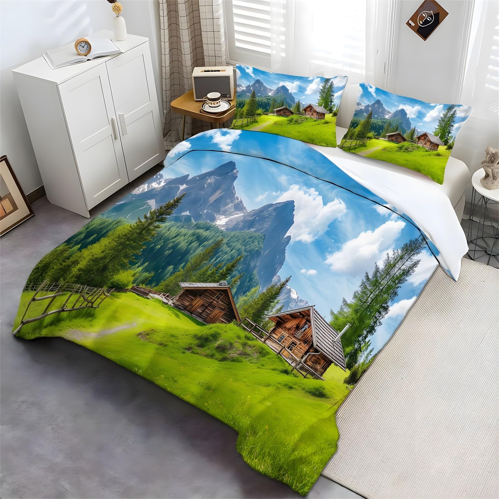 Copripiumino 200x200 cm Paesaggio montano Sacco Piumone Microfibra Fresco con Chiusura a Cerniera con 2 Federe 50x80 cm