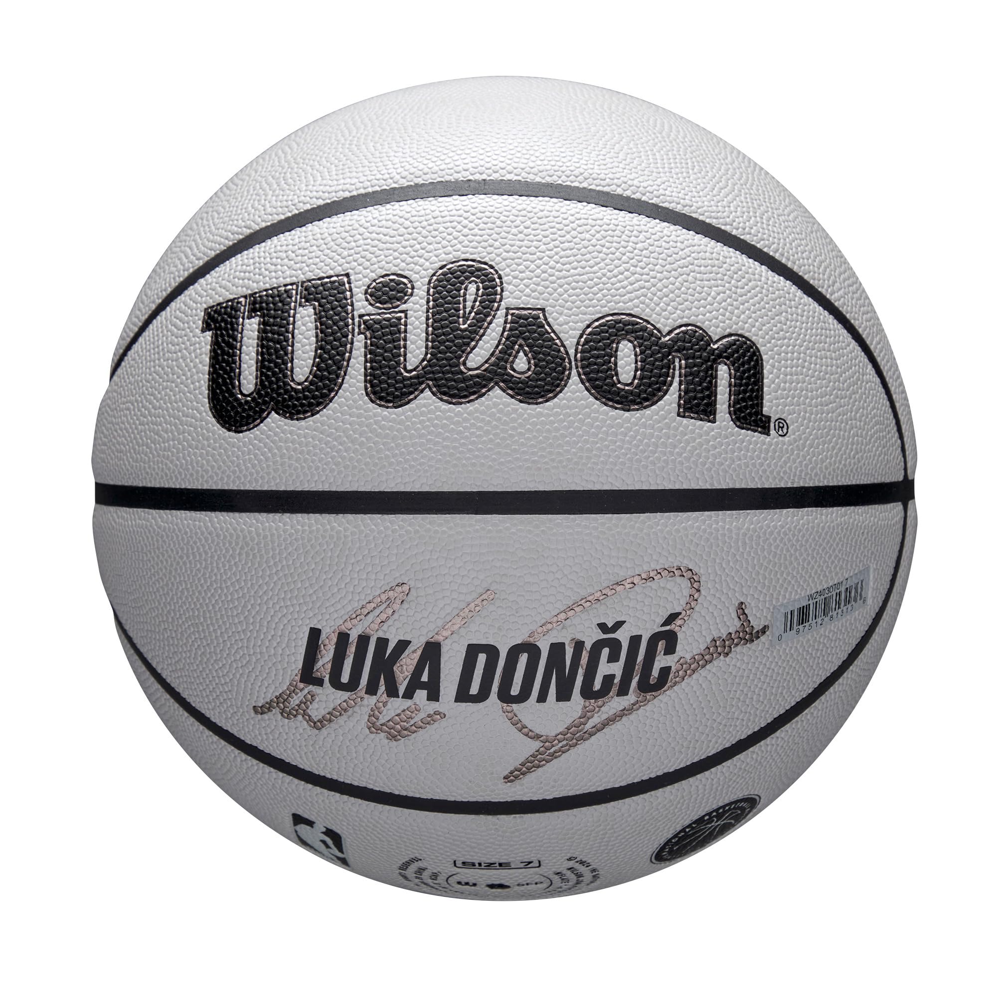 Wilson Balón NBA Player Icon UV, Diseño Dončić, con Protección UV y Textura Pure Feel, Proporciona Recubrimiento de Agarre Verdadero y Rebote Confiable, Color: Gris, Talla: 7