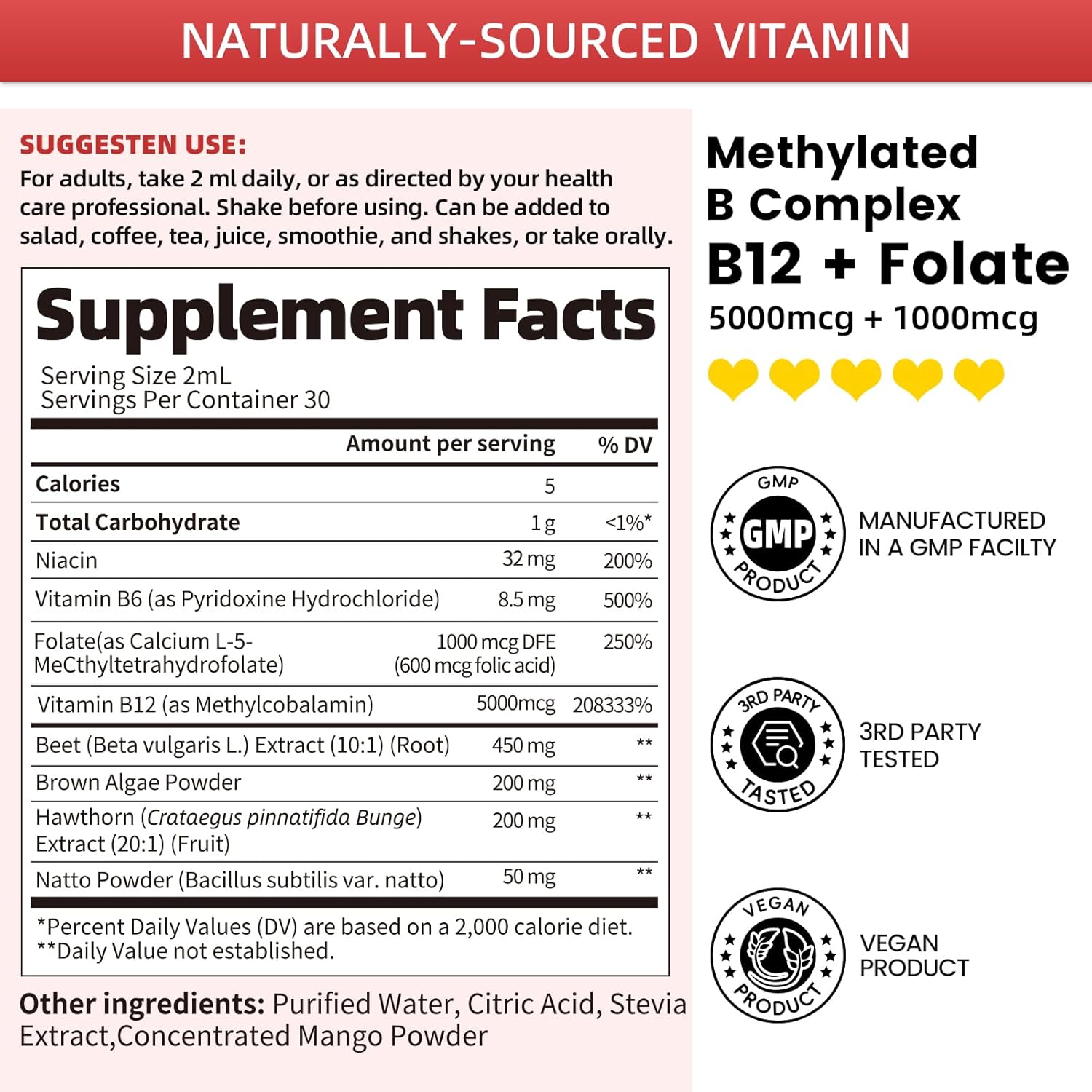 Methylated B Complex - 5000 mcg Methylcobalamin B12 & 5-MTHF Folate 1000 mcg - Vitamin B Complex Liquid Drops with B3, B6, Beetroot, Hawthorn - Energy, Focus, Heart & Brain, Sugar-Free, 2 Fl Oz - Image 5