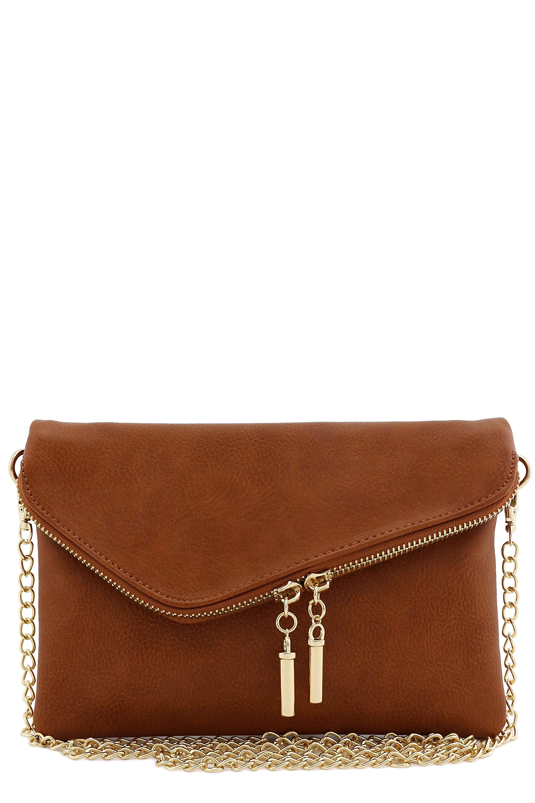 FashionPuzzle Envelope Wristlet Clutch Crossbody Bag with Chain Strap, Dark Tan, One Size