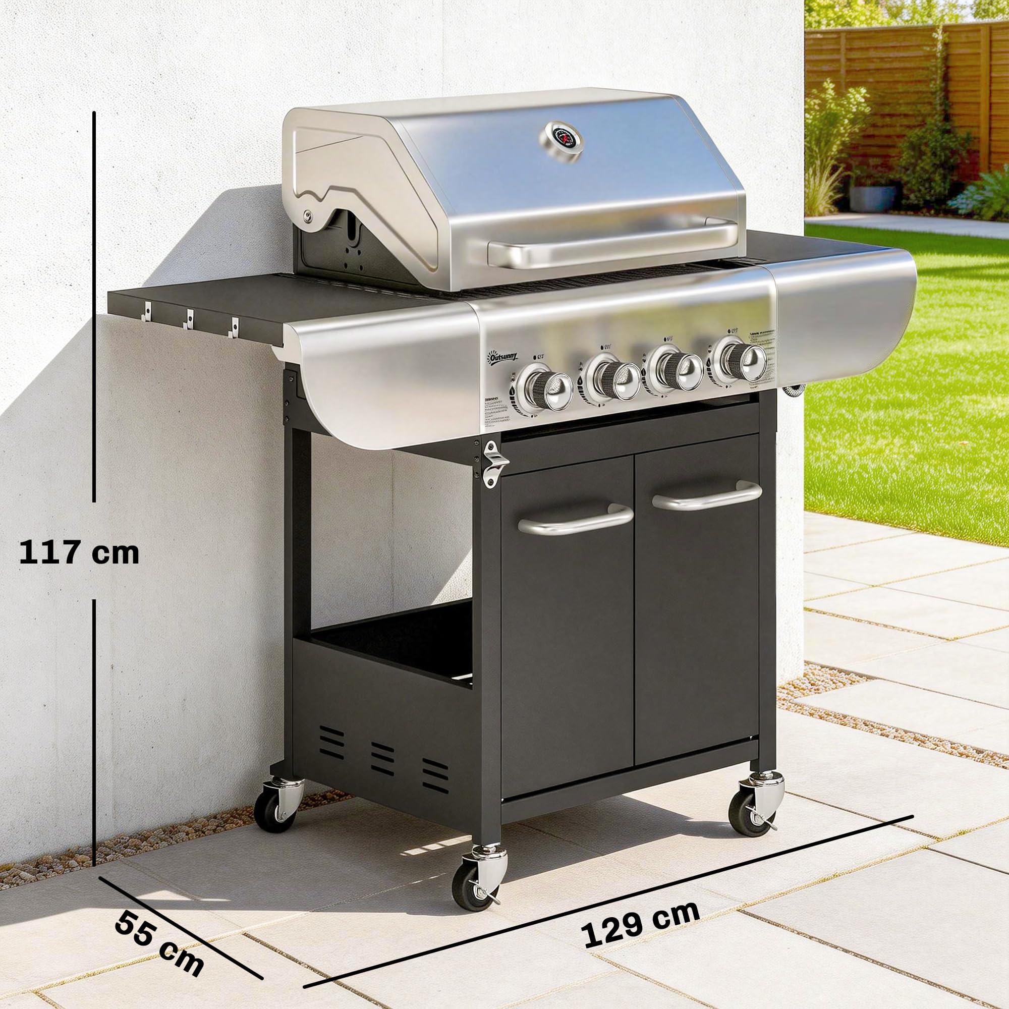 Outsunny Barbacoa de Gas BBQ Gas con 4 Quemadores 12,8 kW Barbacoa Portátil con Termómetro Mesas Laterales Armario Rejilla Calentadora Acero Parrillas de Hierro Fundido Recogedor Grasa 4 Ruedas Negro