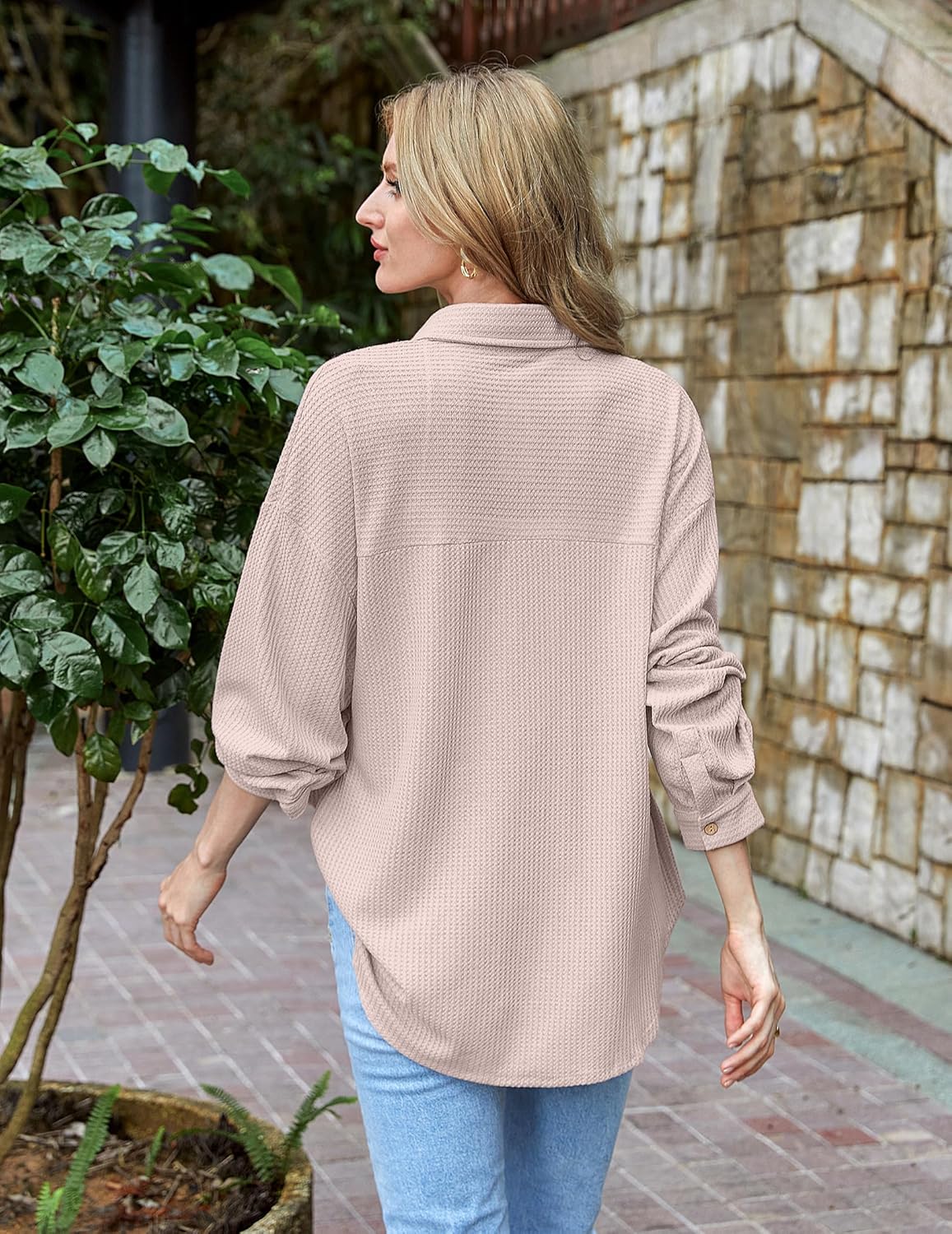 HOTOUCH Waffle Button Down Shirts for Women Dressy Casual Work Shacket V Neck Long Sleeve Lightweight Tops with Pocket - Image 7