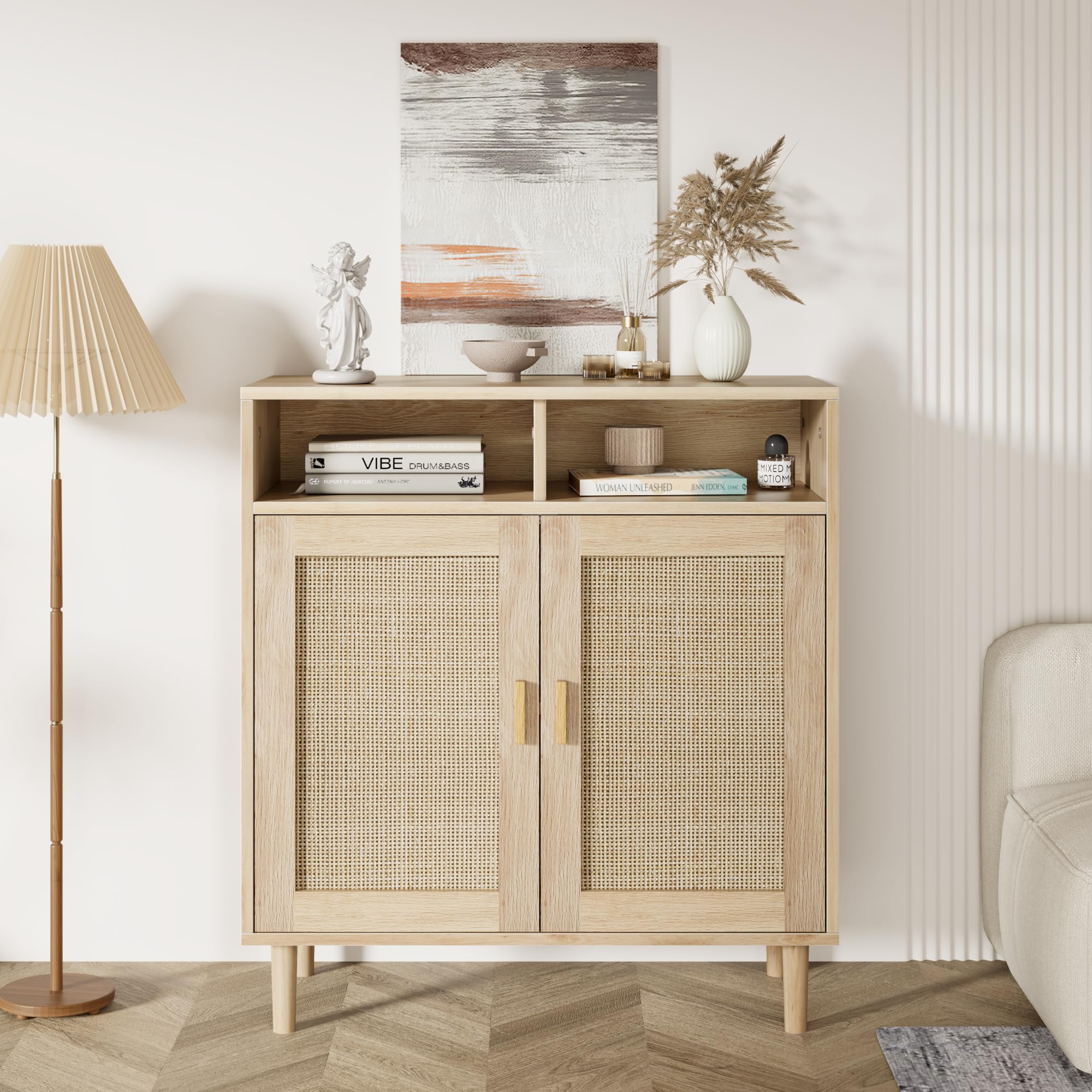 Credenza buffet moderna in rattan per cucina, soggiorno o ingresso – Ante e mensole aperte, ideale come mobile TV, coffee bar o armadio sala da pranzo, 36/63 pollici – Design compatto, Single
