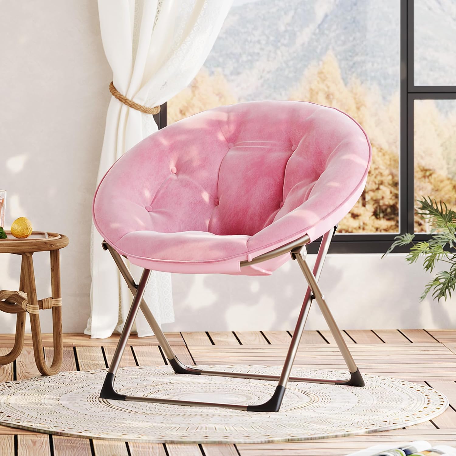 Comfy Oversized Saucer Chair, Soft Faux Fur Folding Moon Chair, Thick Padded Reading Lounge Chair with Stable Metal Frame for Living Room, Dorm, Office, Pink