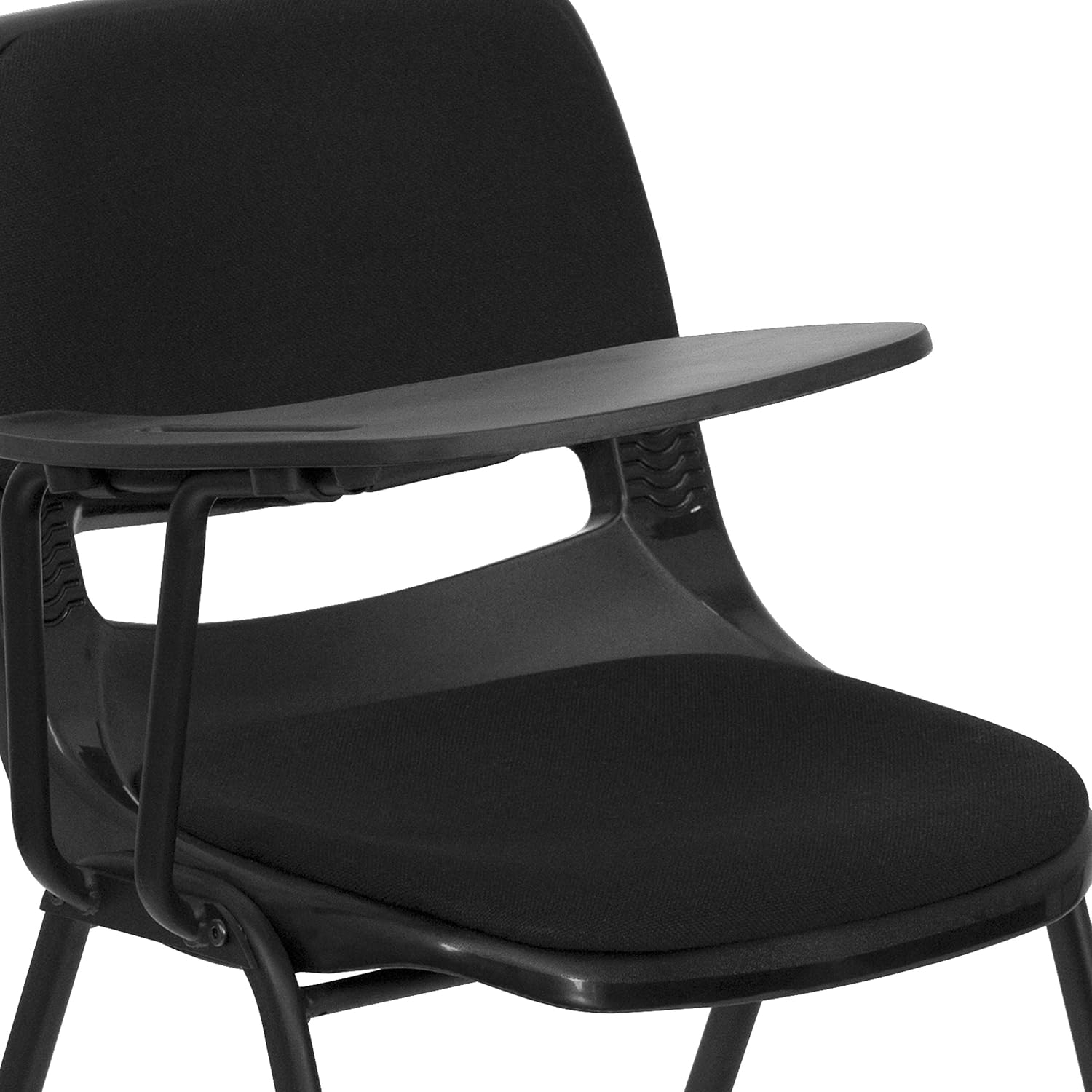Compact Black Fabric Ergonomic Desk Chair with Flip-Up Tablet Arm