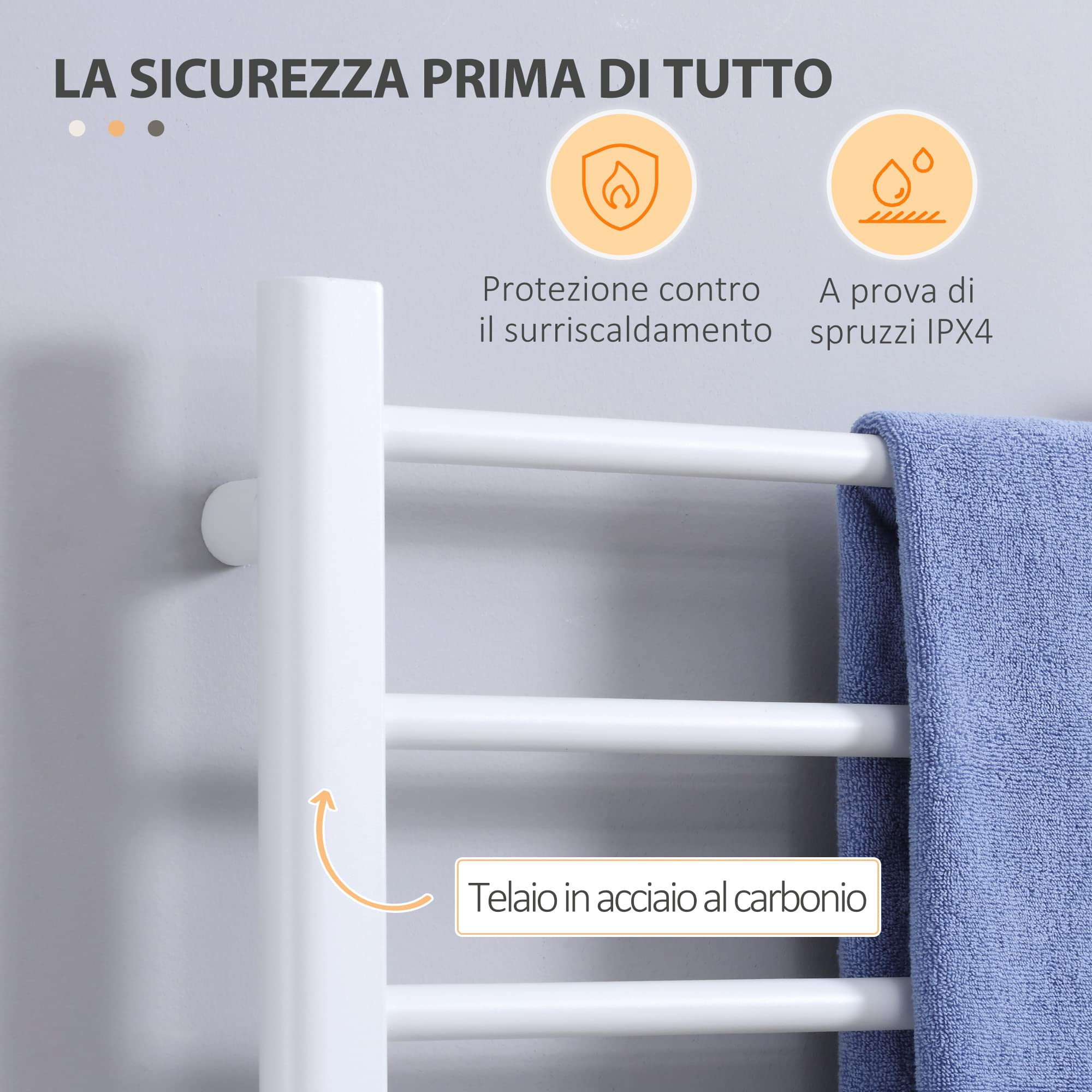 HOMCOM Scaldasalviette Elettrico a 8 Barre, Portasciugamani Riscaldato con Timer e Controllo Temperatura, in Acciaio al Carbonio, 50x45x90 cm, Bianco