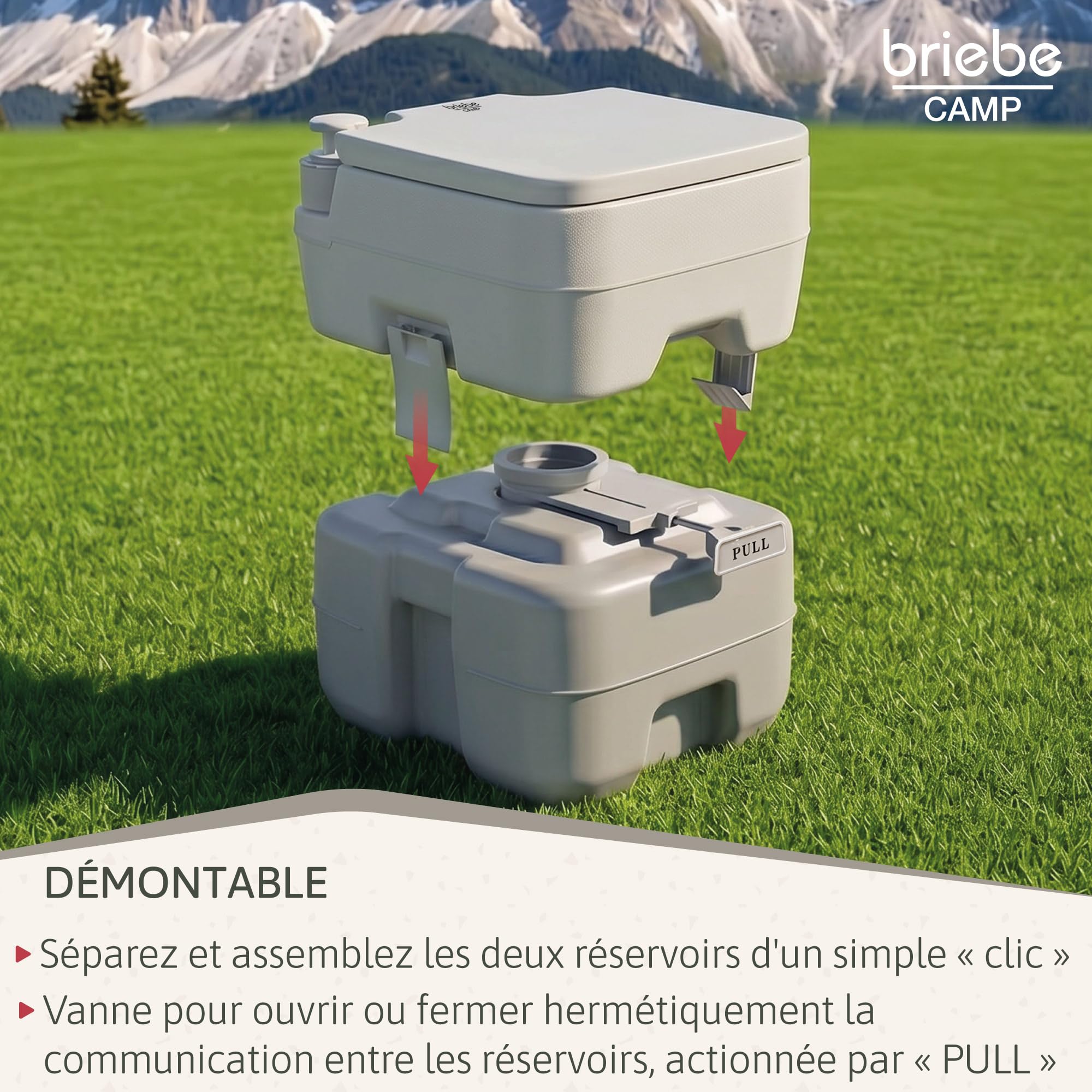 briebe Camp Toilette Portable WC Chimique pour Camping-Car, Bateau et Voyage, Réservoir d'eau, Pompe à Piston et Valve Anti-Odeur Facile à Nettoyer et à Vider,