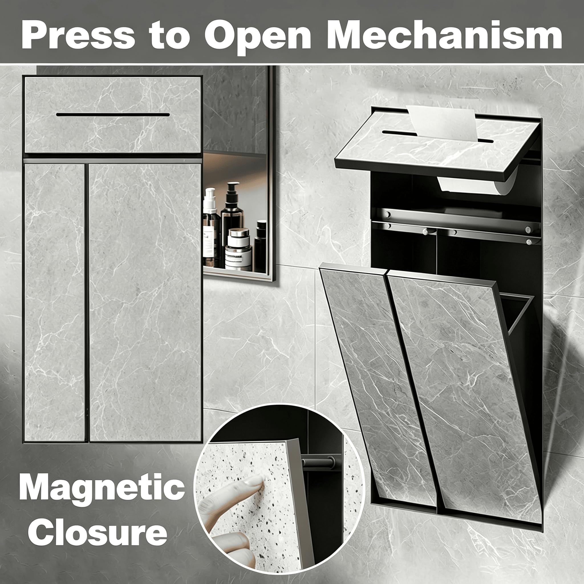 Porta Carta igienica da Incasso 3 in 1, con pattumiera e Porta scopino | Acciaio inossidabile 304, parte anteriore piastrellabile, design pop-up senza maniglie Design salvaspazio Bellezza per bagno