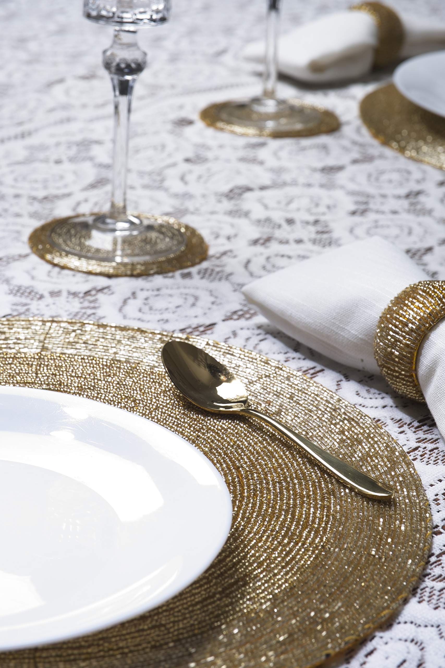 Home Sajja Set 4 Sottobicchieri Rotondi Fatti A Mano - Perline Di Vetro Rosse E Dorate - Diametro 10 Cm - 3