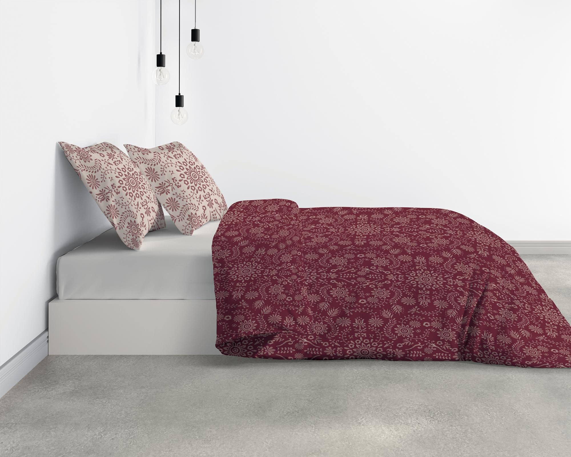 Les Ateliers du Linge Parure de lit Bio Vishka Bordeaux avec Housse de Couette et taie(s) d'oreiller imprimé 260 x 240 cm