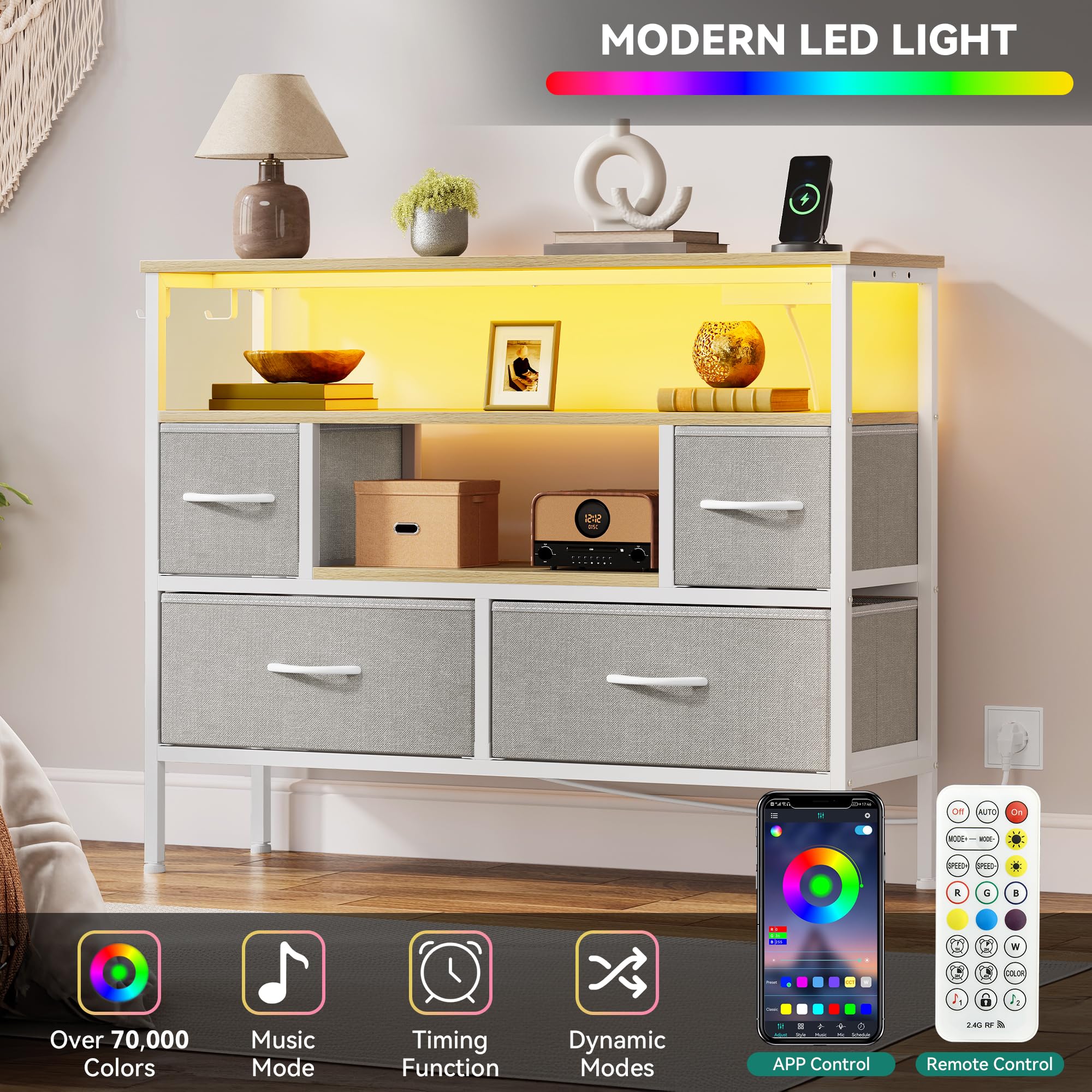 YITAHOME Komoda do sypialni z 4 szufladami z materiału, kredens z 2 gniazdami, 2 portami USB i listwą świetlną LED, szafka pod telewizor z haczykami bocznymi, jasnoszara