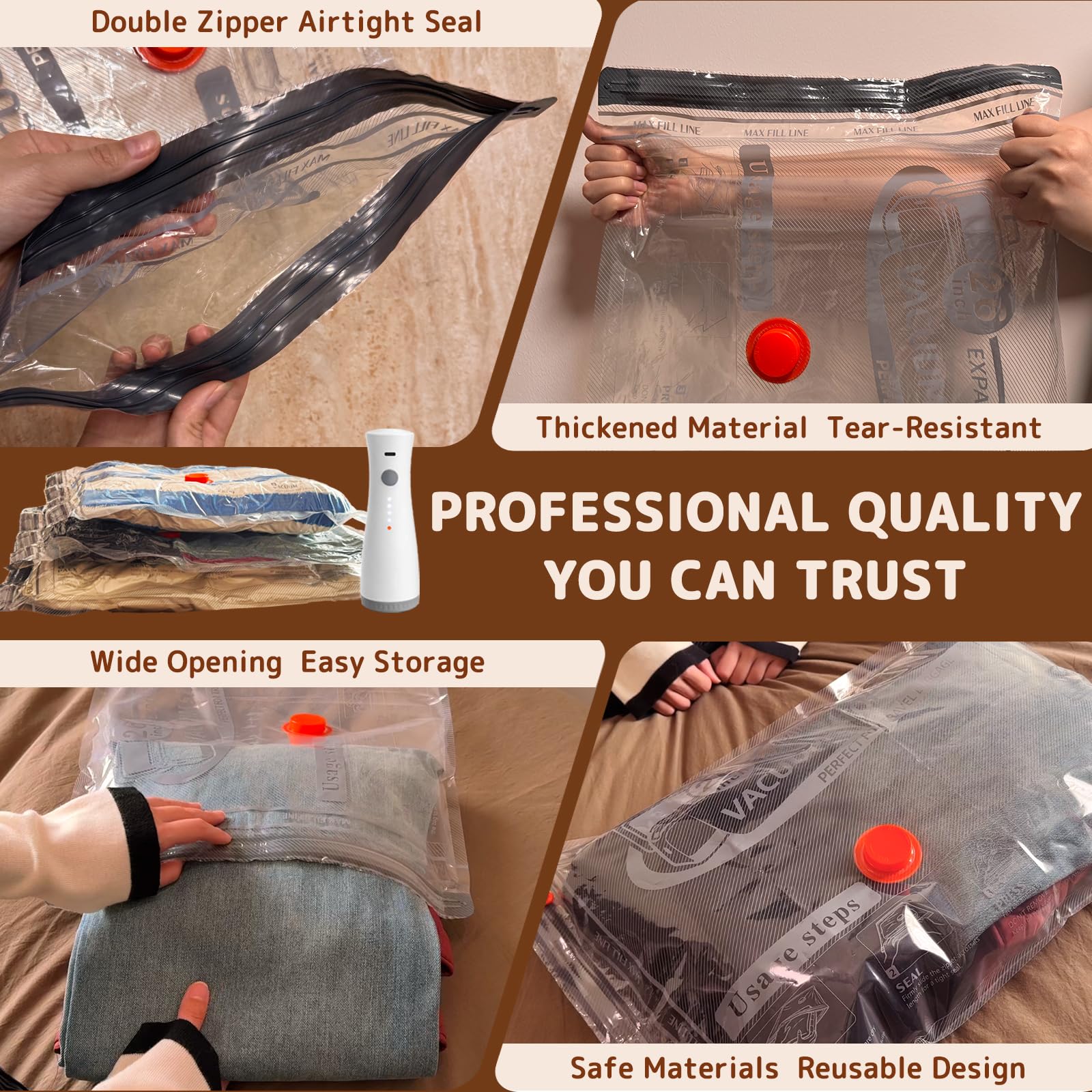 Lot de 12 sacs de rangement sous vide de voyage avec pompe à air rechargeable, sacs de compression pour bagages et valises, économiseur d'espace pour vêtements et organisation de voyage