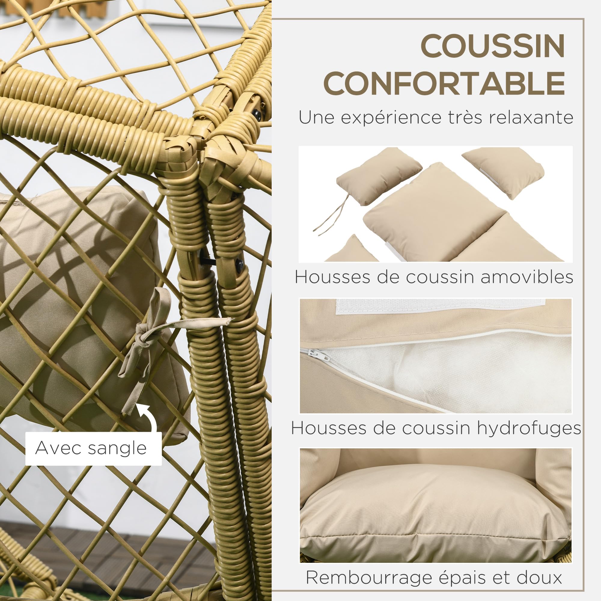 Outsunny Fauteuil œuf sur Pied en résine Effet rotin avec Coussins Polyester, Structure en métal, dim. 88x85x143 cm