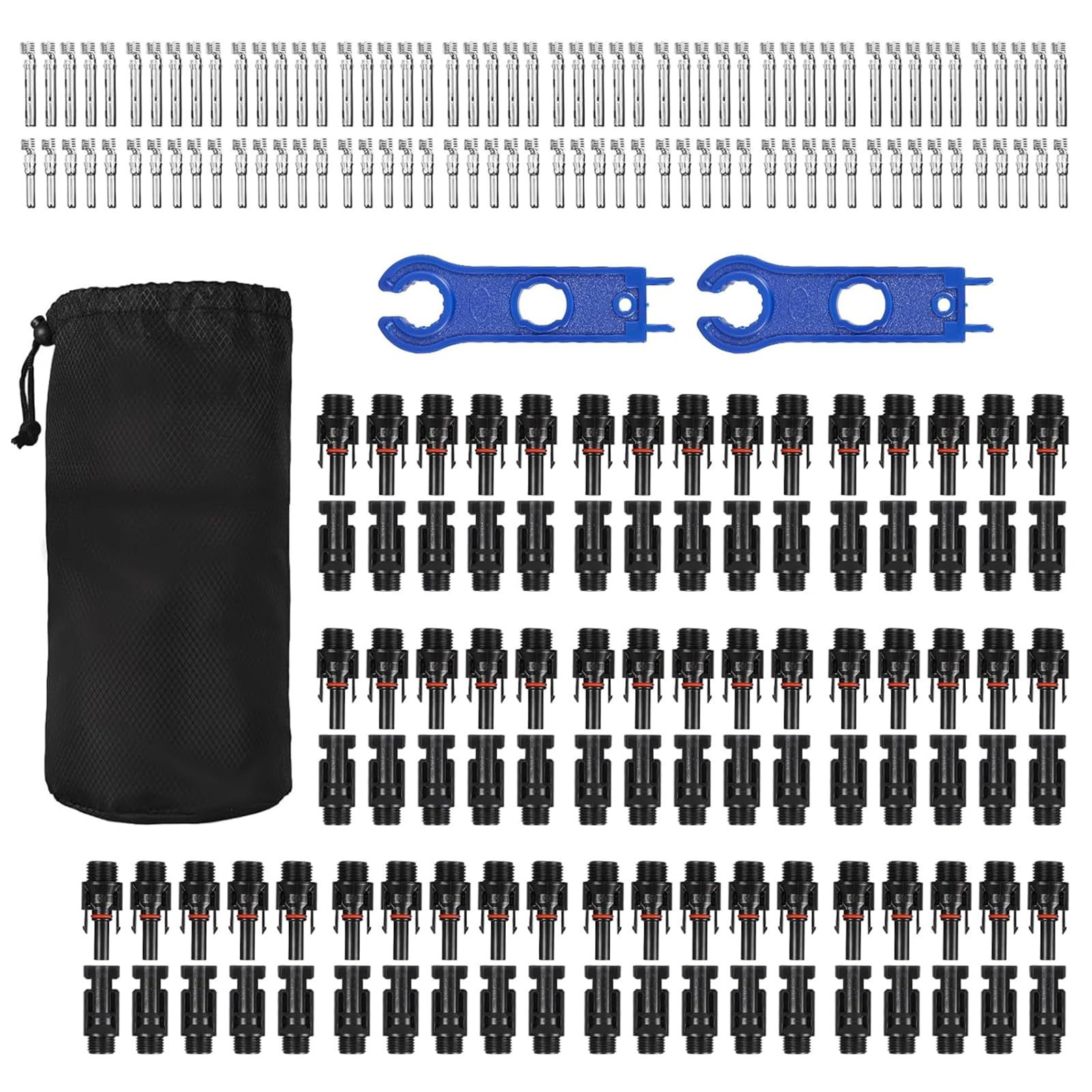 Lot de 50 paires de connecteurs solaires PV mâle/femelle et 2 clés à molette, connecteurs de câble pour câble PV de 2,5/4/6 mm², étanche IP68 avec sac en nylon noir